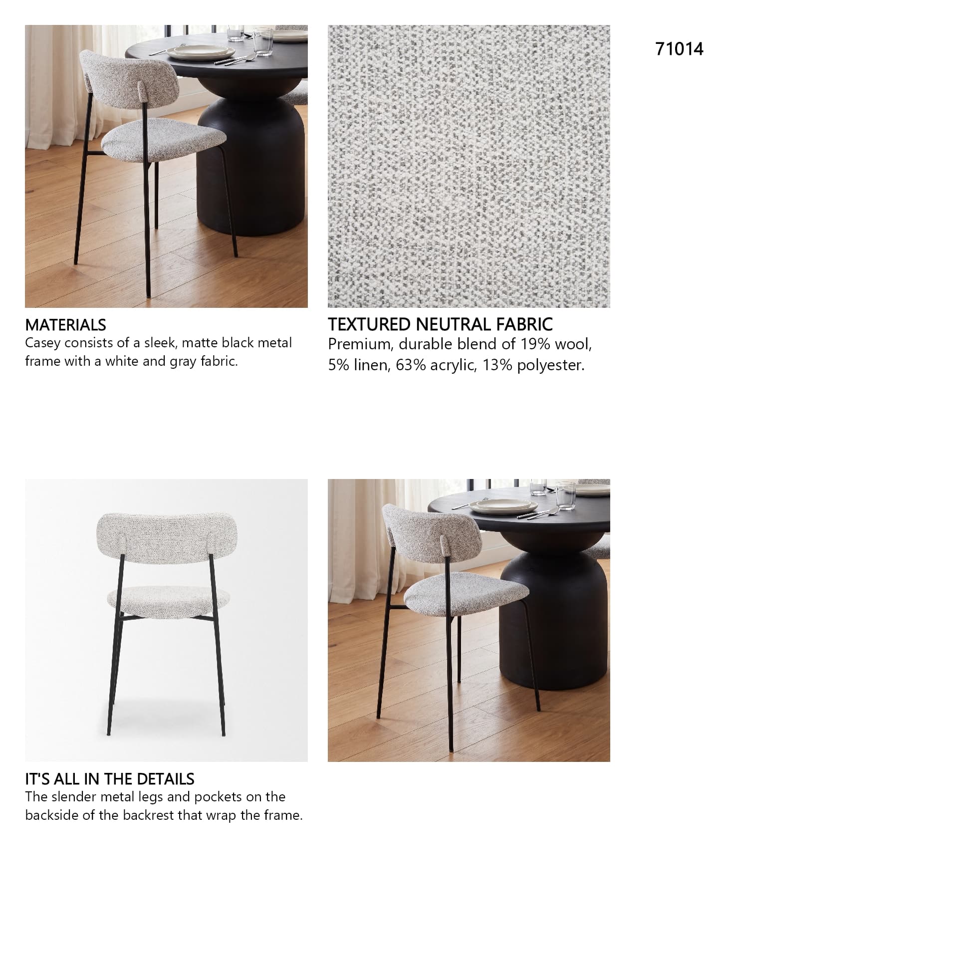 Casey Curved Back Dining Side Chair | Gray Fabric w/ Black Metal — in a styled room