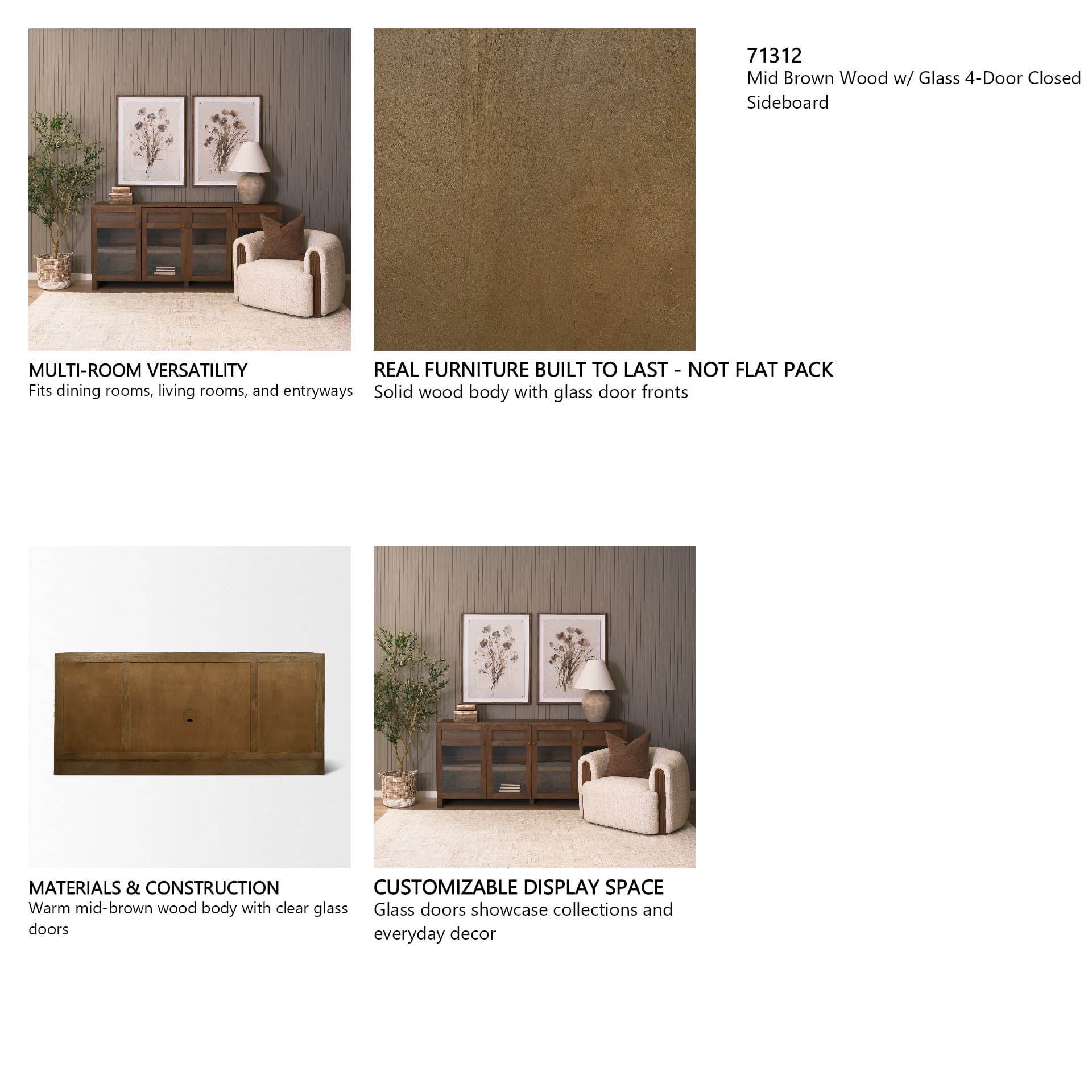 Suri Mid Brown Wood w/ Glass 4-Door Closed Sideboard — in a styled room