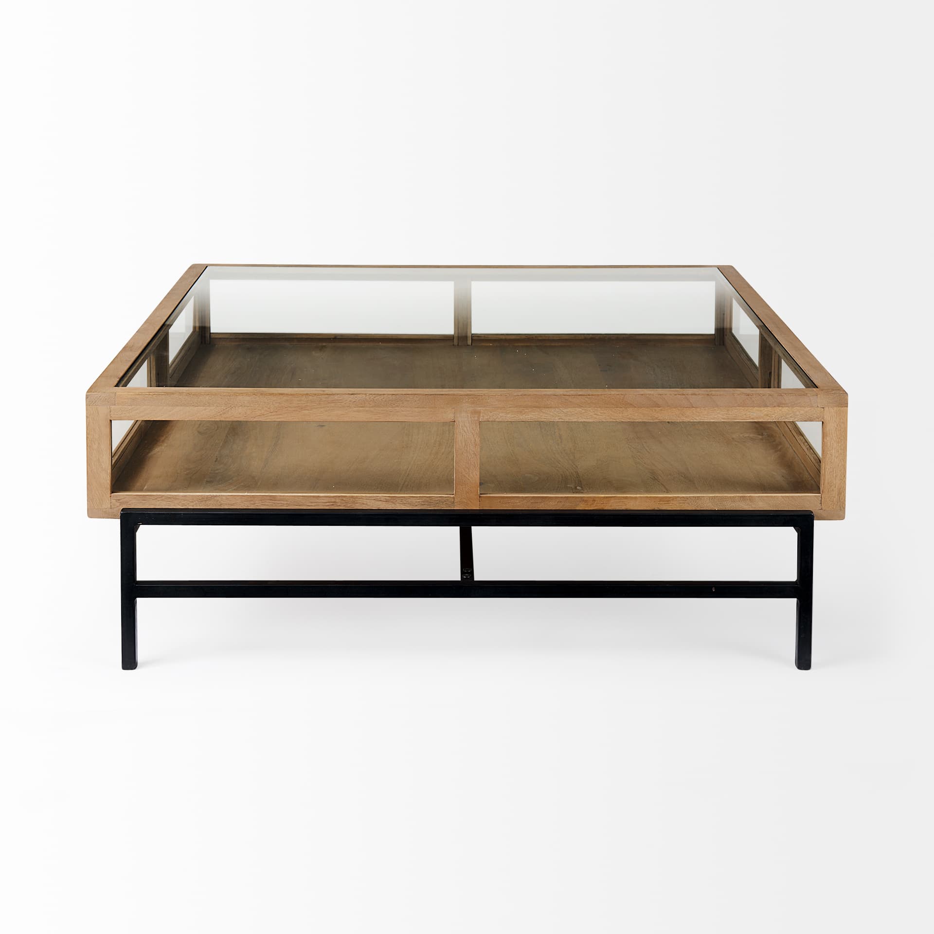 Arelius 42" Square Glass-Top Light Brown w/ Black Metal Base Display Coffee Table — product photograph