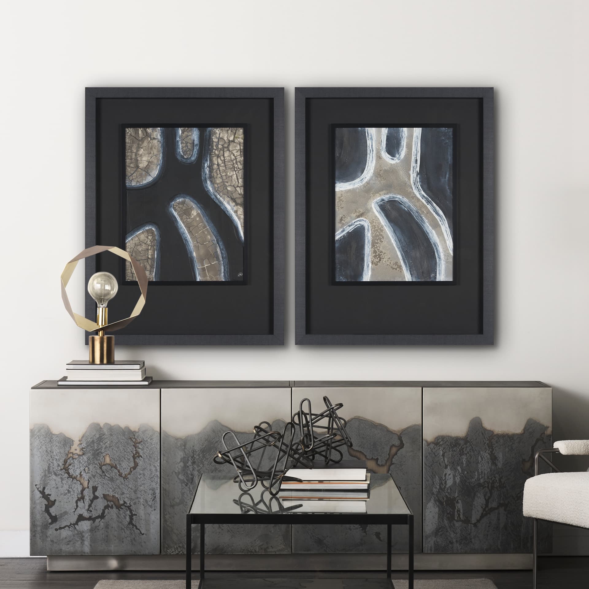Contrasting Paths I by Studio M a handmade Original Framed 3D Textured Artwork under Glass — in a styled room
