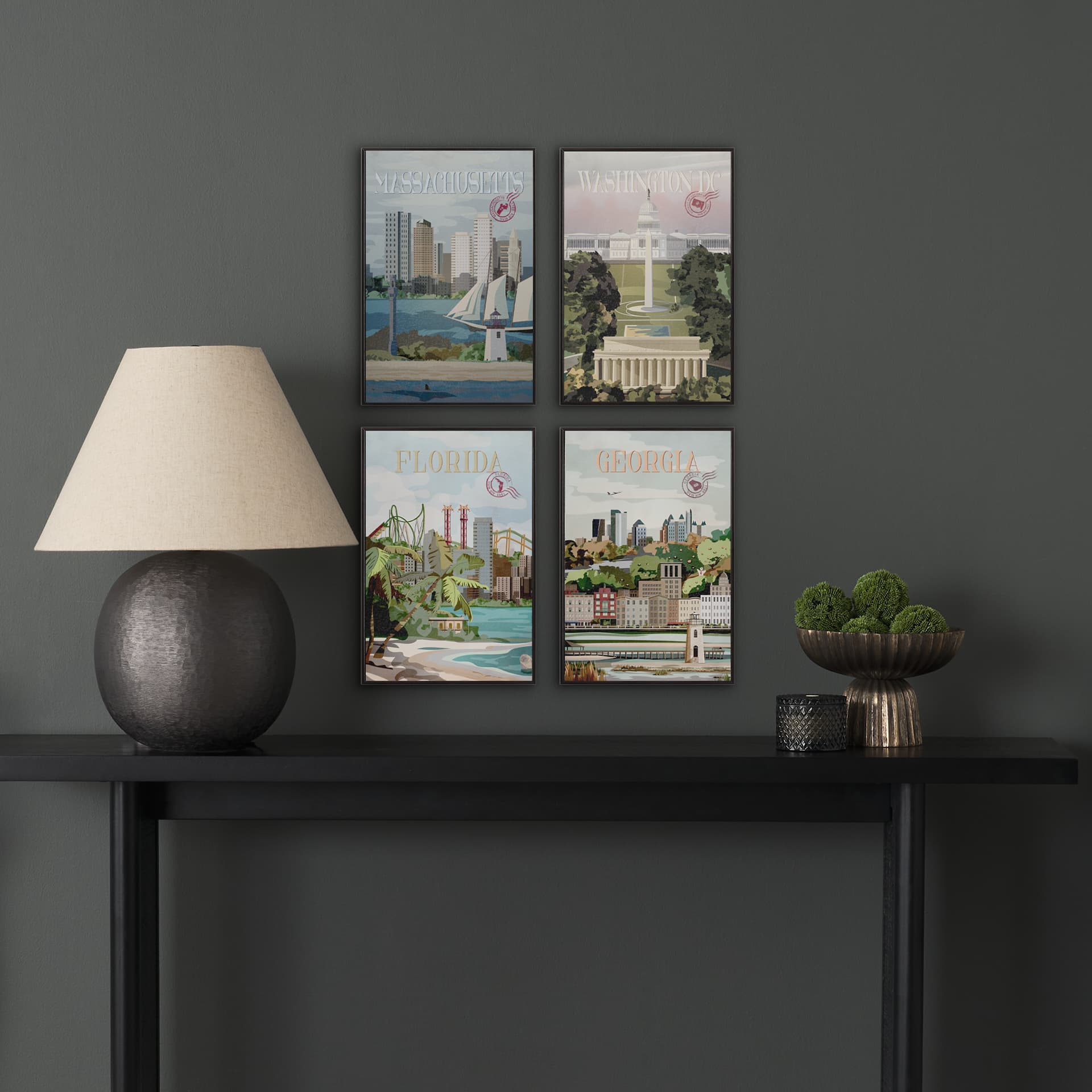 Massachusetts Go USA (SM) by Mercana Studio a Hand Embellished Decograph Framed Art Print — in a styled room