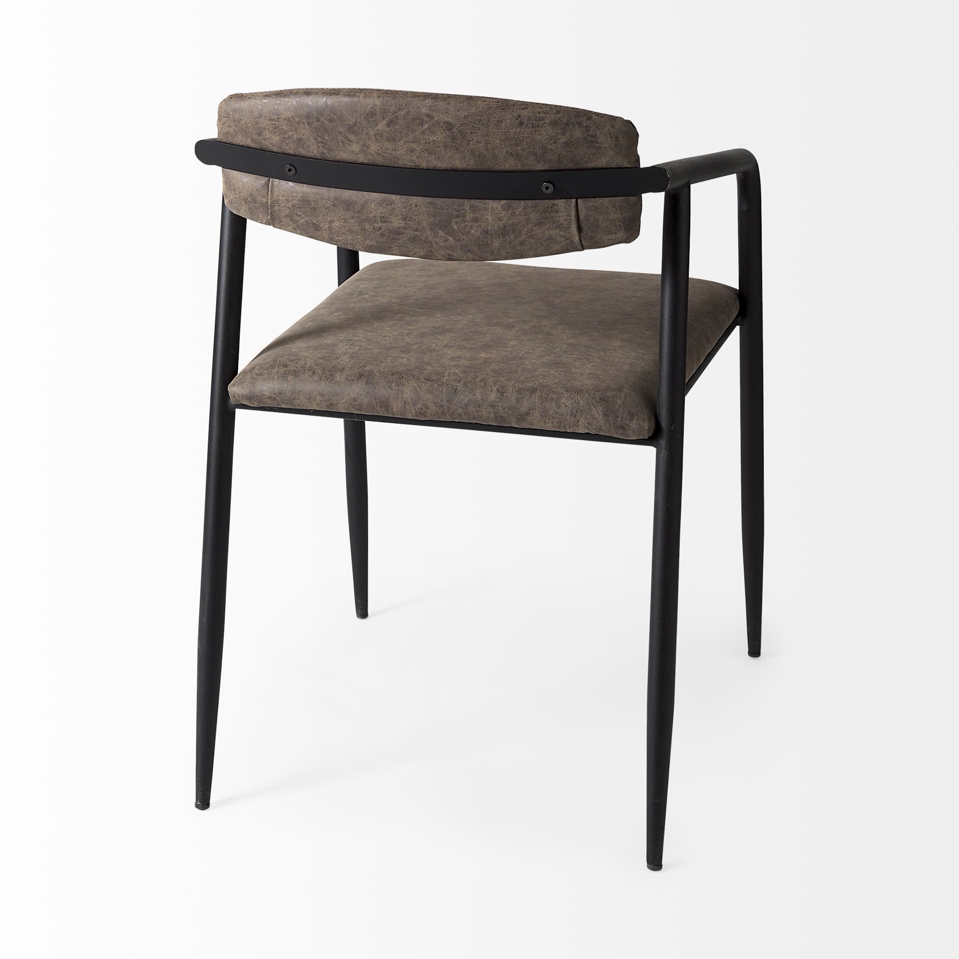 Langston Open Back Dining Arm Chair | Brown Faux Leather w/ Black Iron — product photograph