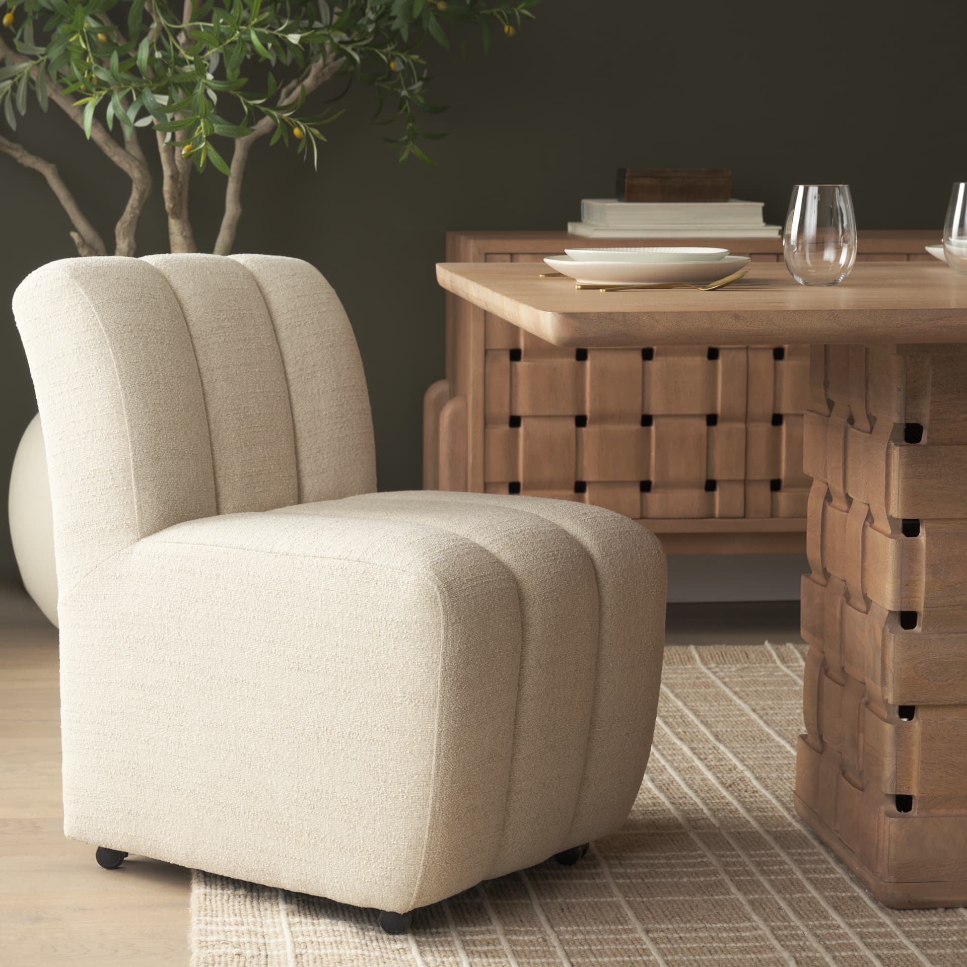 Wilkins Barrel Back Dining Arm Chair | Beige Fabric w/ Wood — product photograph