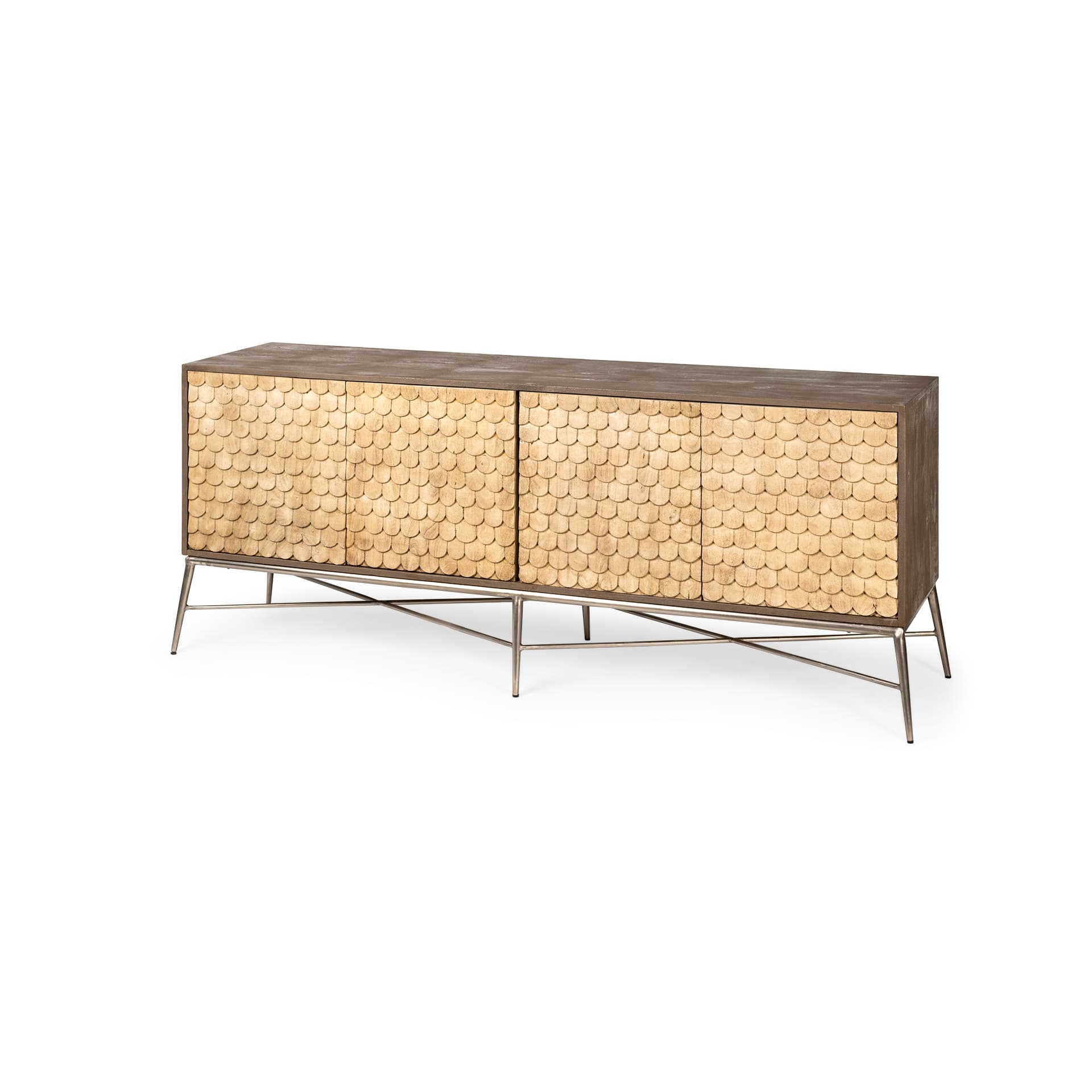 Swordfish 72L x 19W x 30.25H Two-Tone Brown Wood Cabinet Silver Metal Base 4 Cabinet Door Sideboard — product photograph