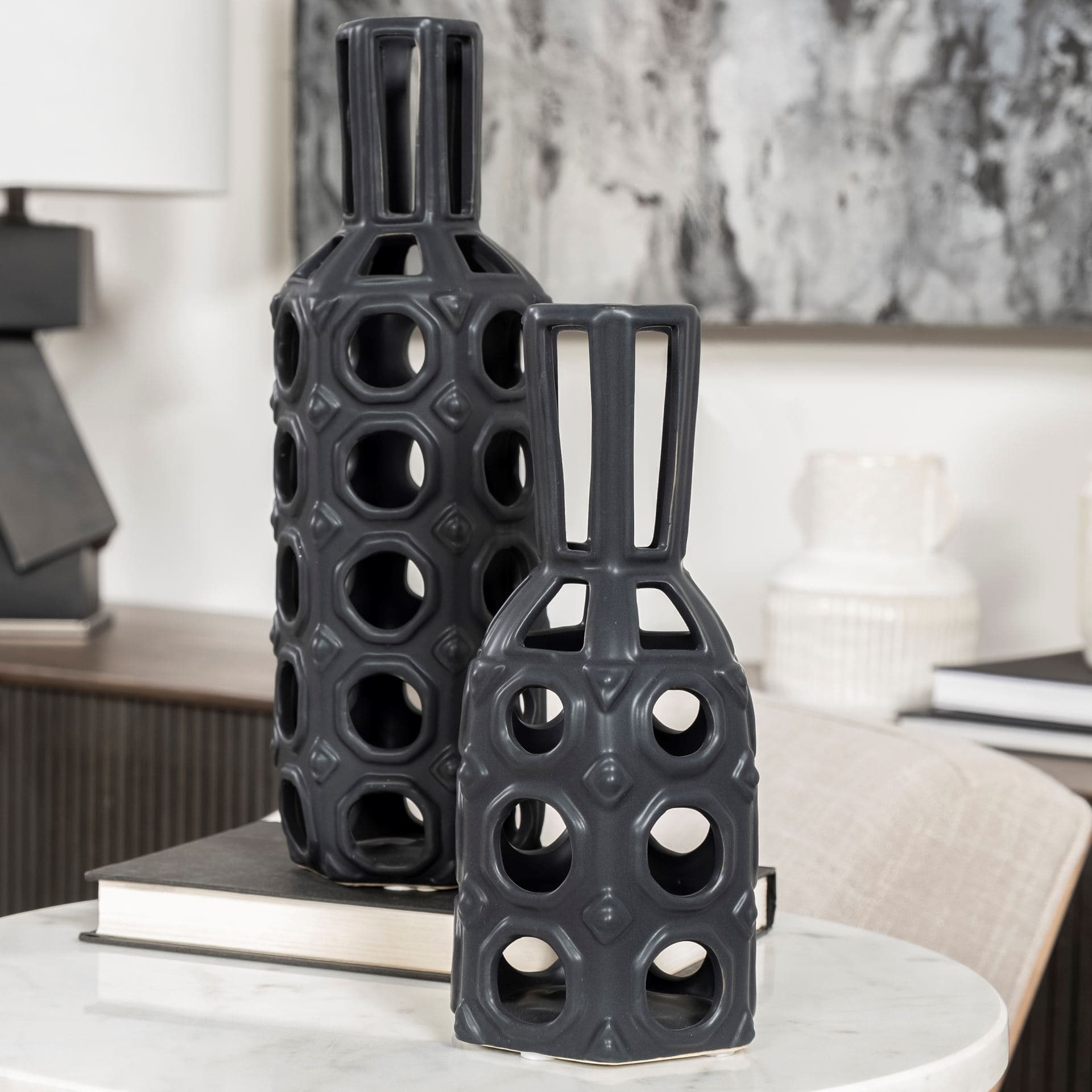 Brunel Large Black Drum-Shaped Ceramic Vase — product photograph