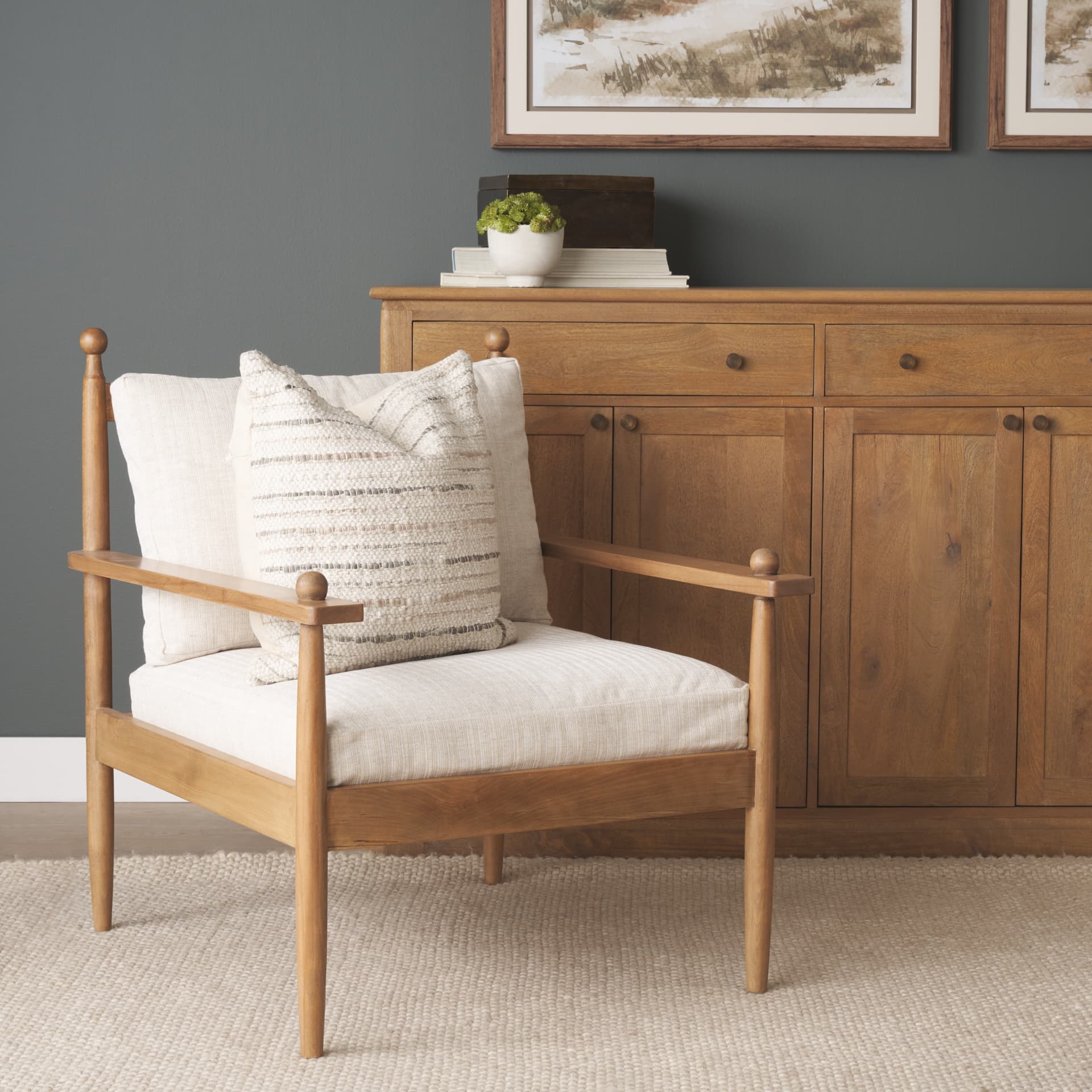 Danni Beige Fabric Beech Wood Framed Accent Lounge Chair — in a styled room