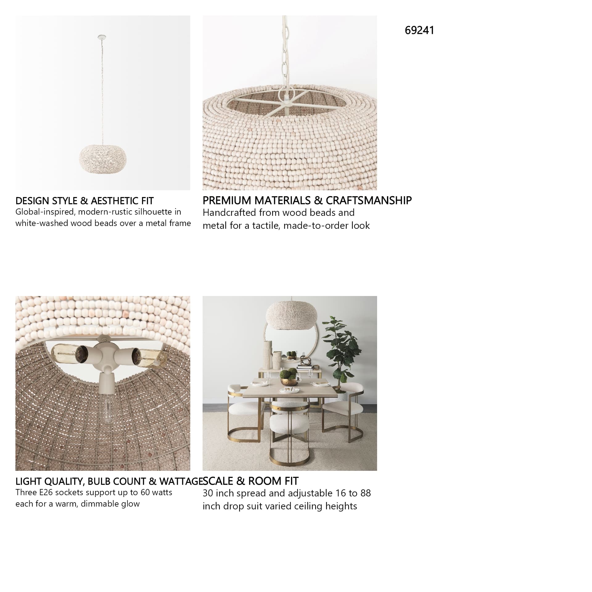 Theta 30.0 L x 30.0 W x 15.0 H White-Washed Beaded Chandelier — product photograph