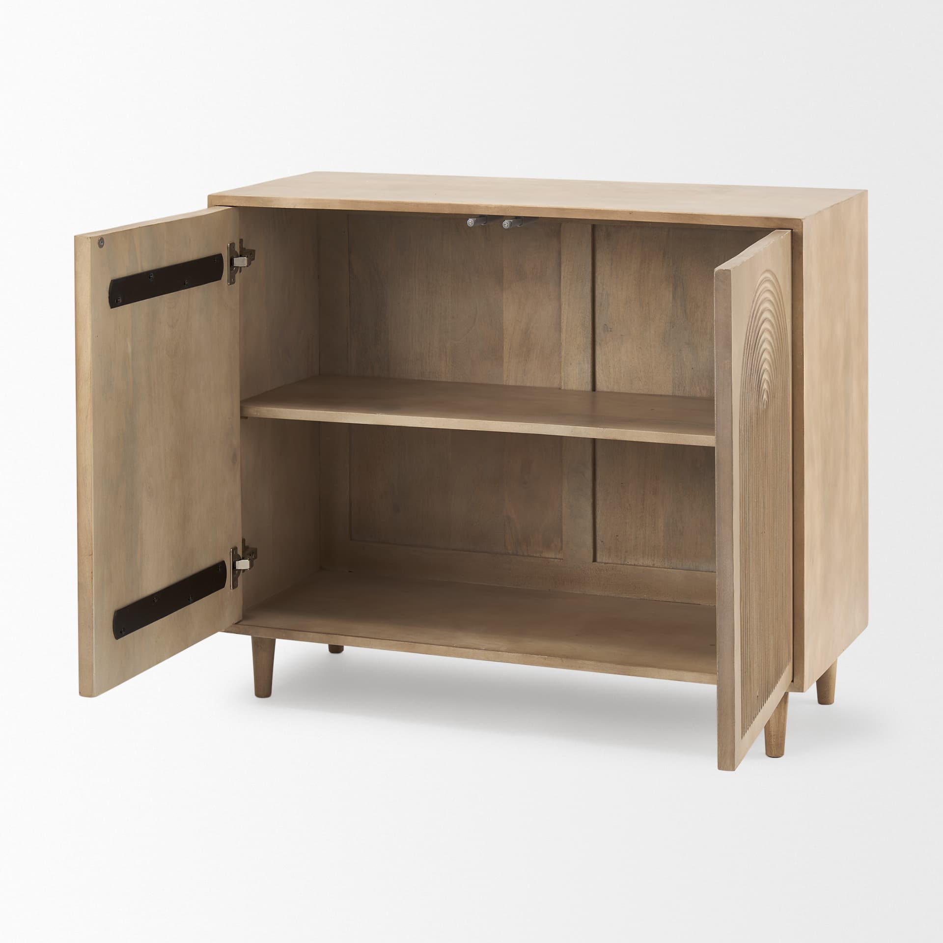 Tucker Light Brown Wood w/ Carved Arch Pattern 2 Door Accent Cabinet — product photograph