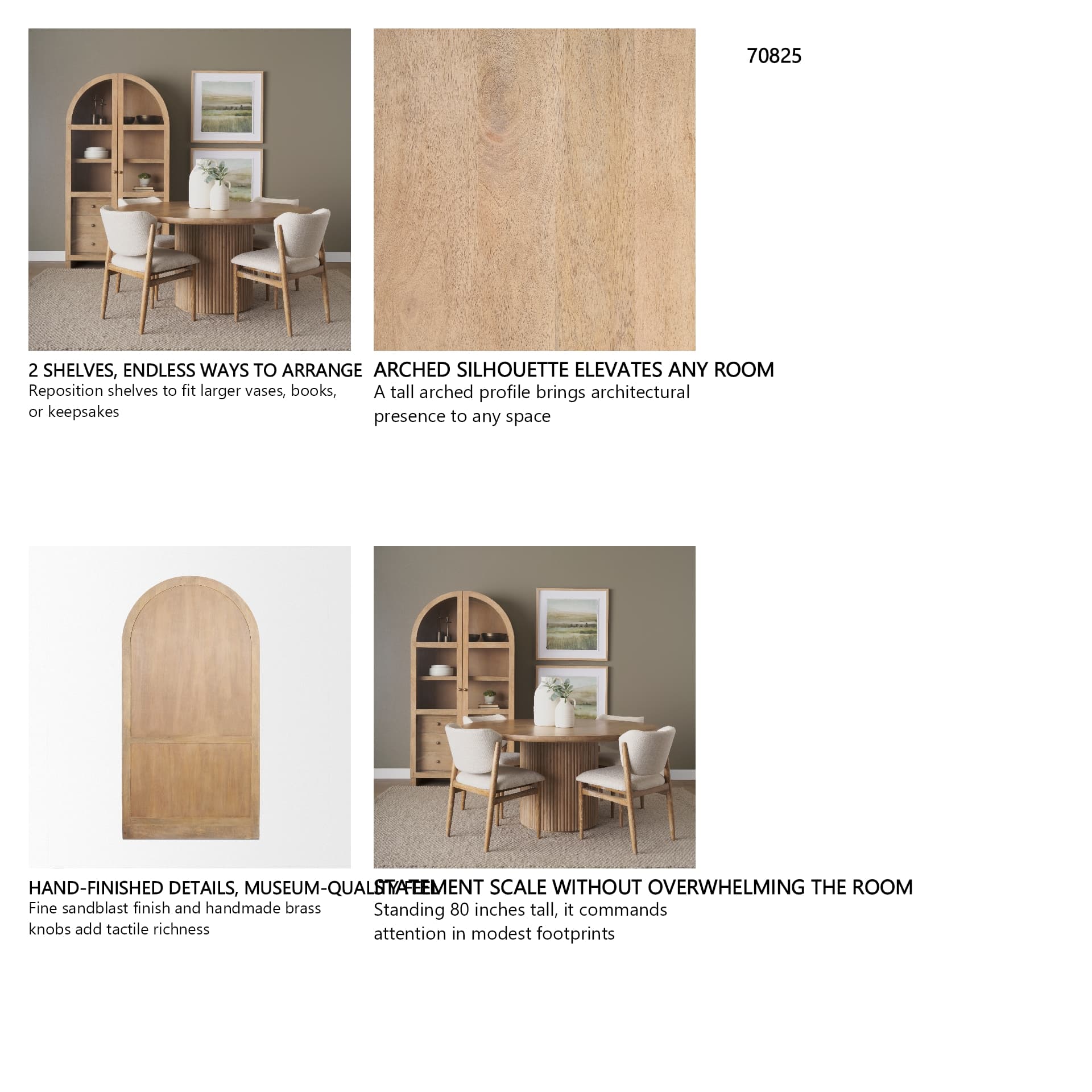Suri Light Brown Wood W/Glass Doors Arched Curio Cabinet — in a styled room