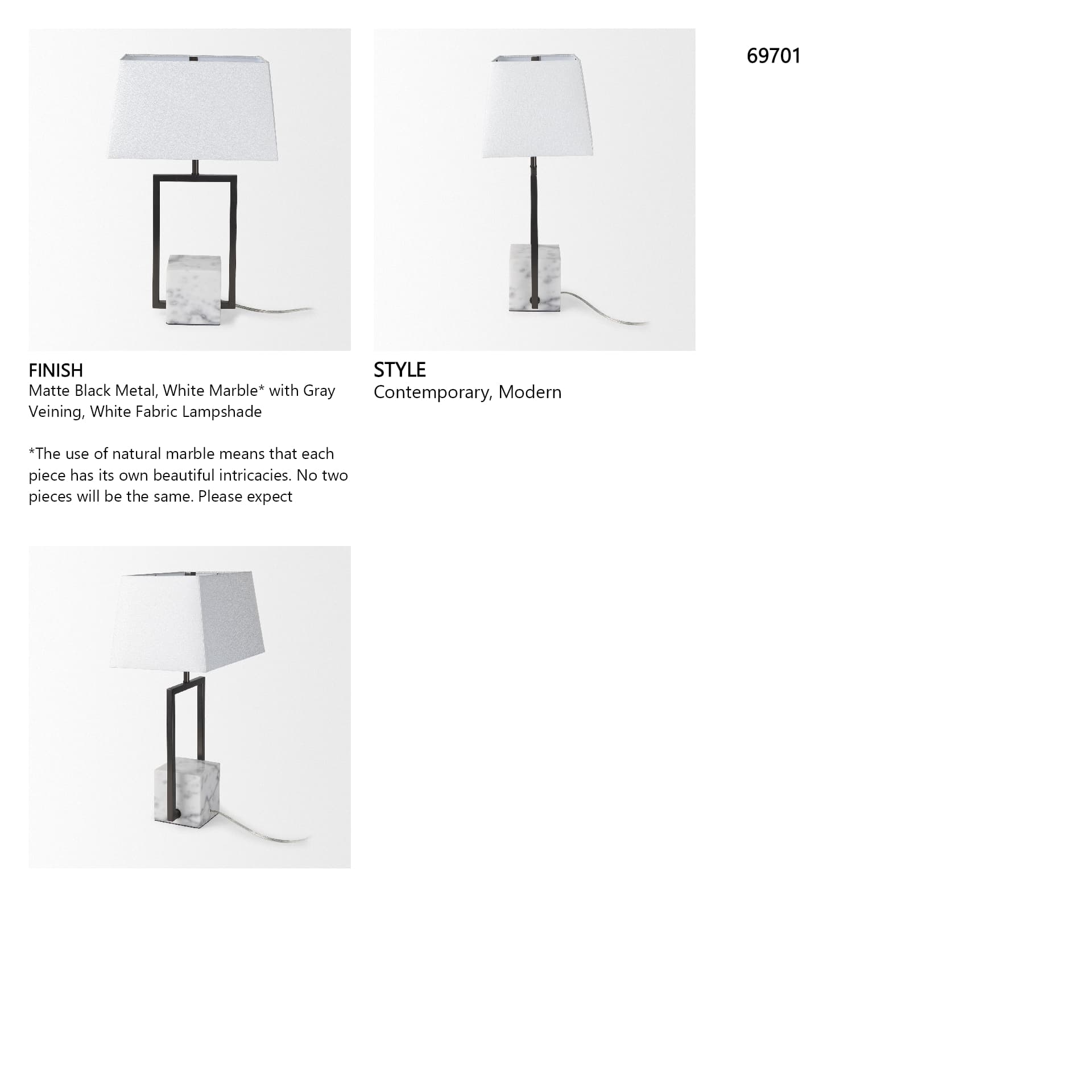 Peyton 14.0L x 9.0W x 26.2H Black Metal W/Marble Cube and White Shade Table Lamp — in a styled room