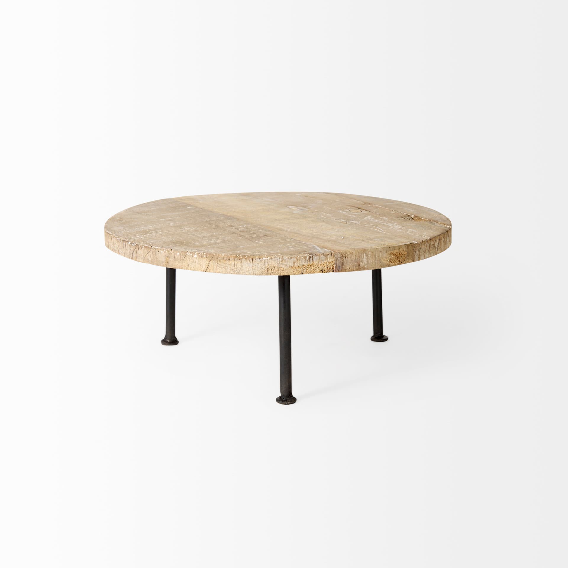 Cedric 15L x 15W x 4.5H Round Light Brown Wood w/ Black Metal Legs Decorative Display Stand — product photograph