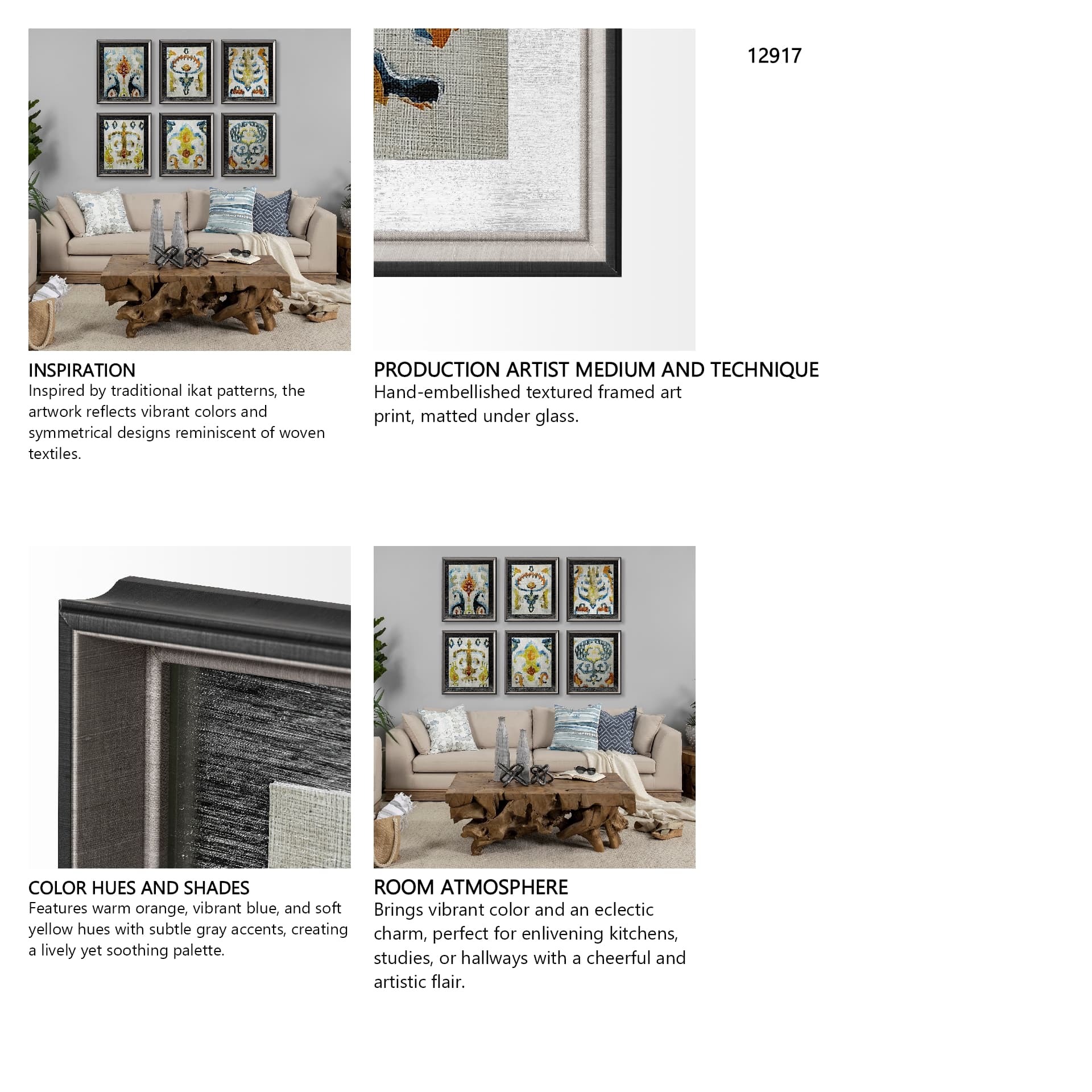 Bohemian Ikat II by Chariklia Zarris a Hand Embellished Textured Framed Art Print Matted under Glass — in a styled room