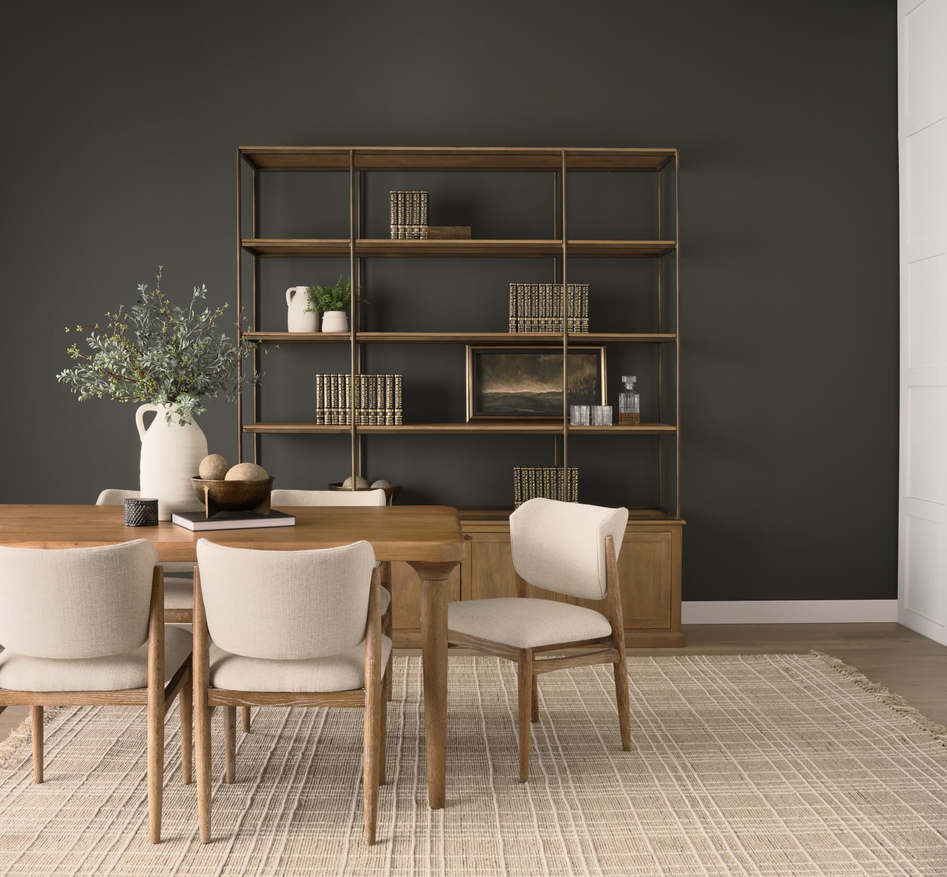 Baron 4-Door Light Brown Wood w/ Gunmetal Open Shelving Unit — in a styled room