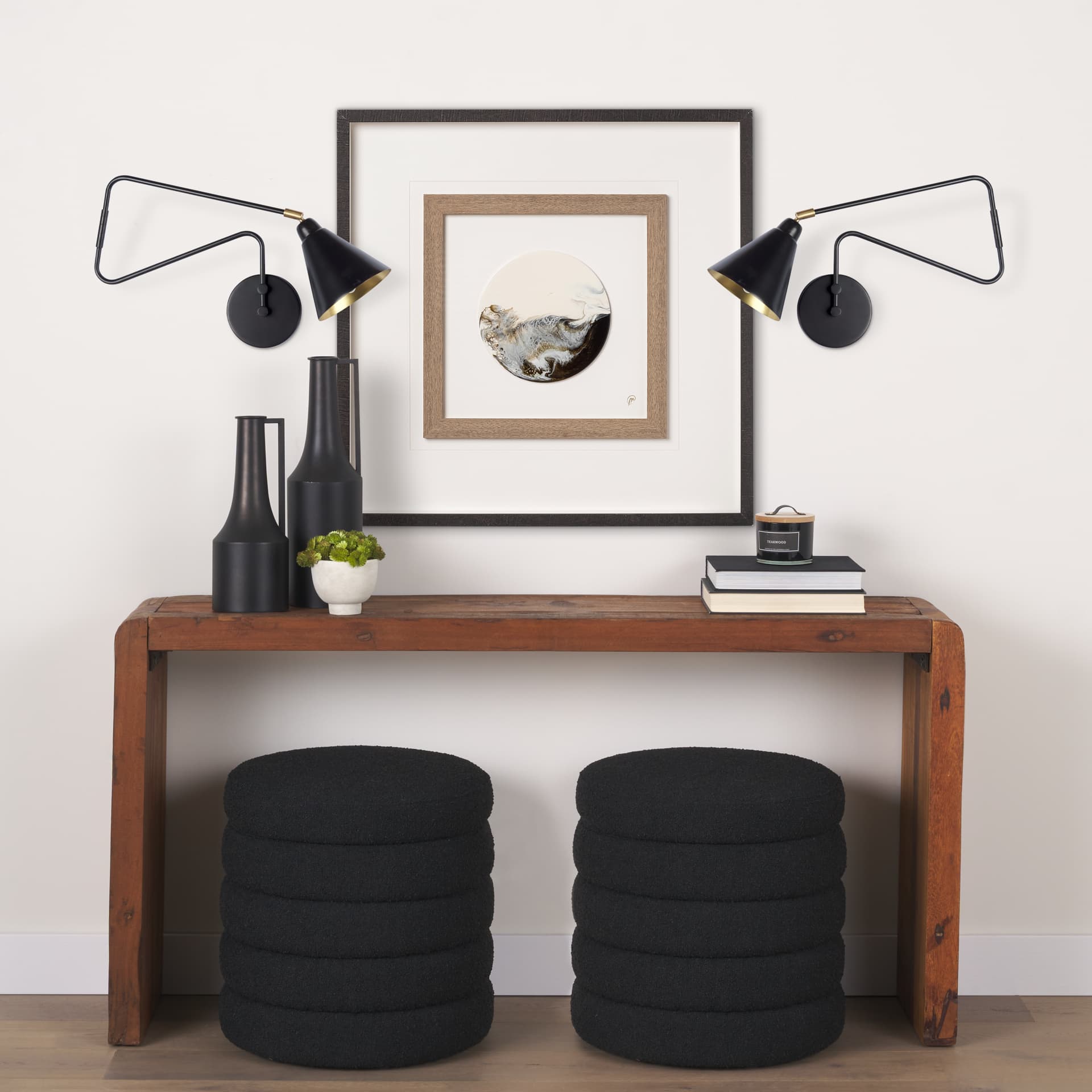 Cobalt 6L x 32W Black Metal Cone Shaped Swivel Wall Sconce — in a styled room