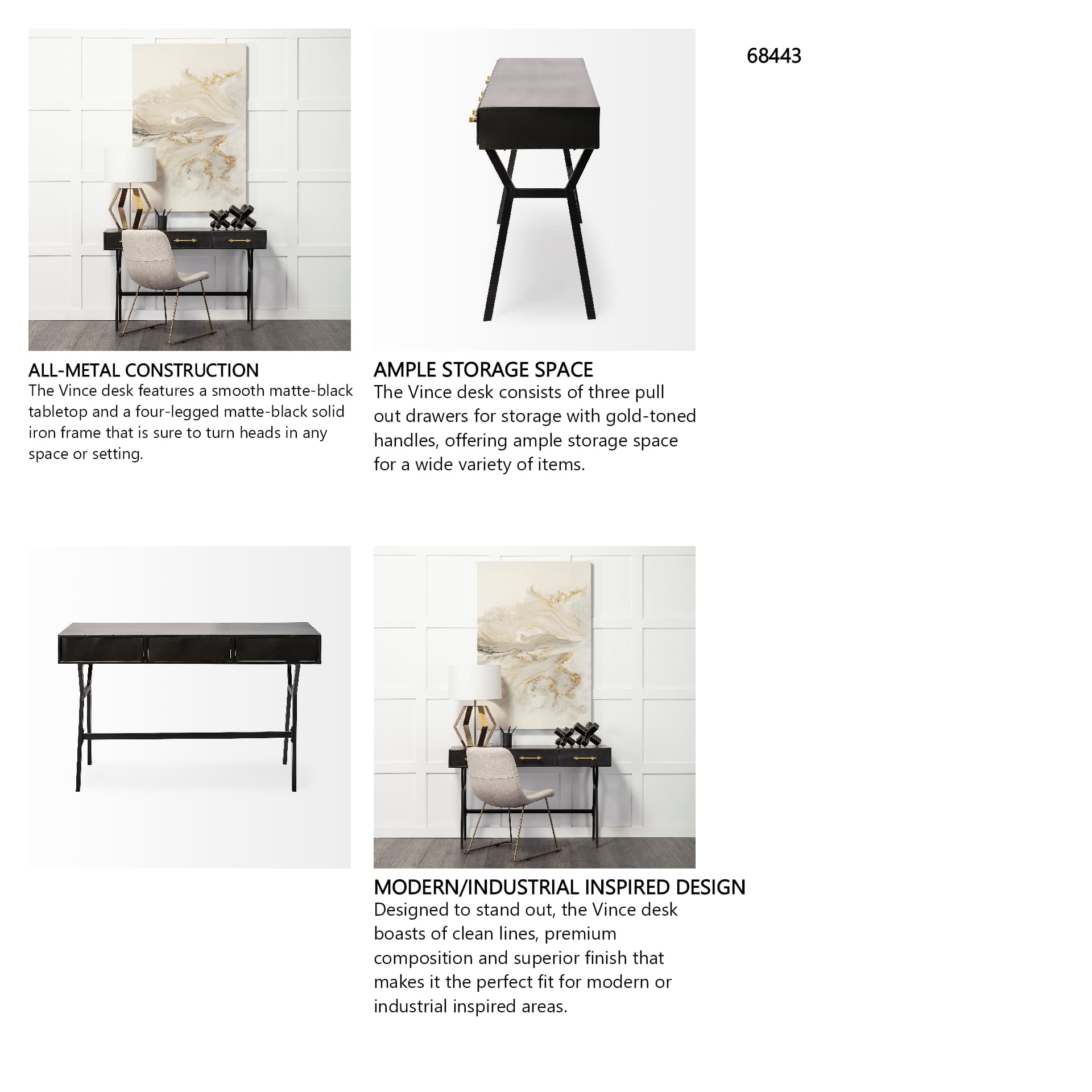 Vince 51L x 18W Black Metal W/Gold Accents 3 Drawer Office Desk — in a styled room
