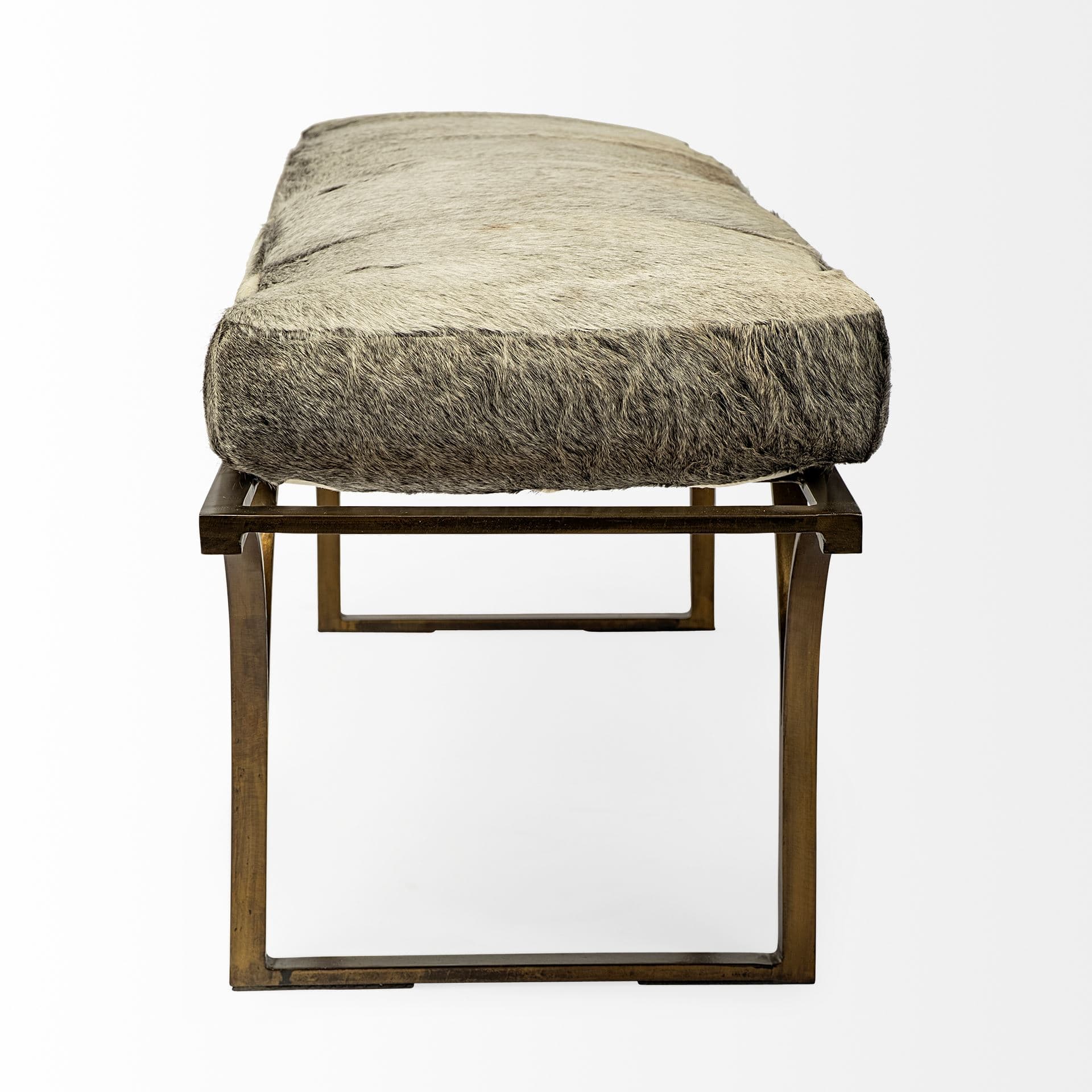 Jessie 55L x 16W White/Gray Hair-On-Hide Seat W/Gold Metal Base Accent Bench — product photograph