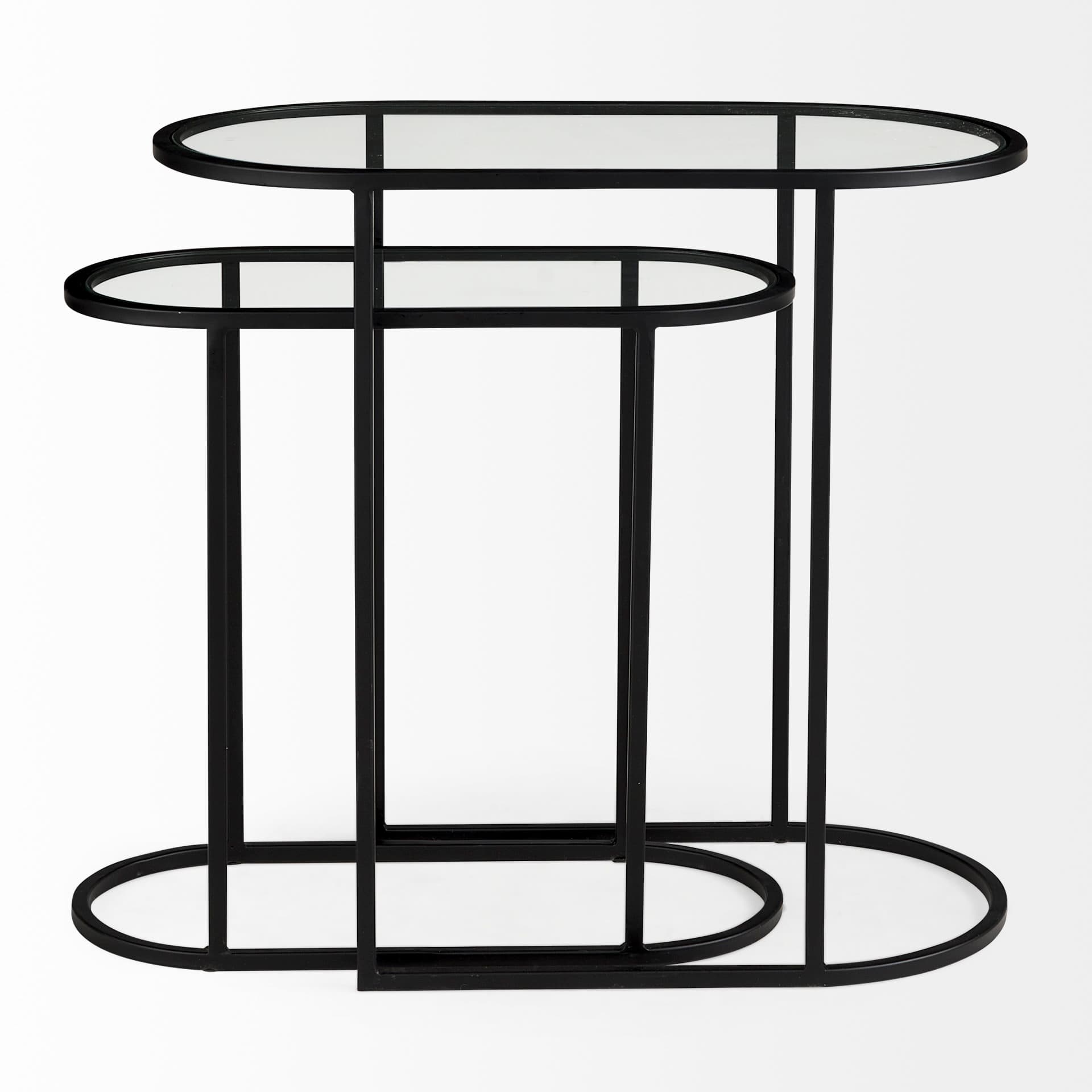 Celine 24.2 L x 12.6 W x 22.4 H Set of Two Black/Silver Metal and Glass Nesting Accent Tables — product photograph