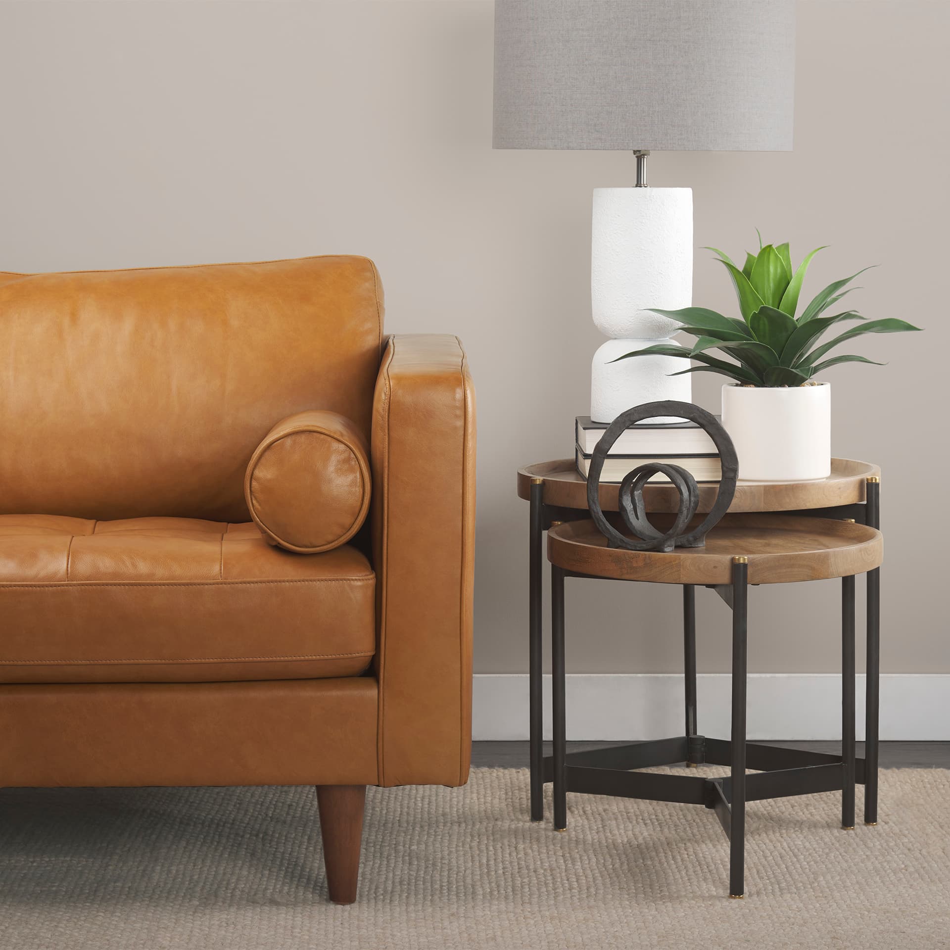 Marquisa (Set of 2) 22.5L x 22.5W x 20.8H Light Brown Wood W/ Black Metal Base Nesting Side Tables — product photograph