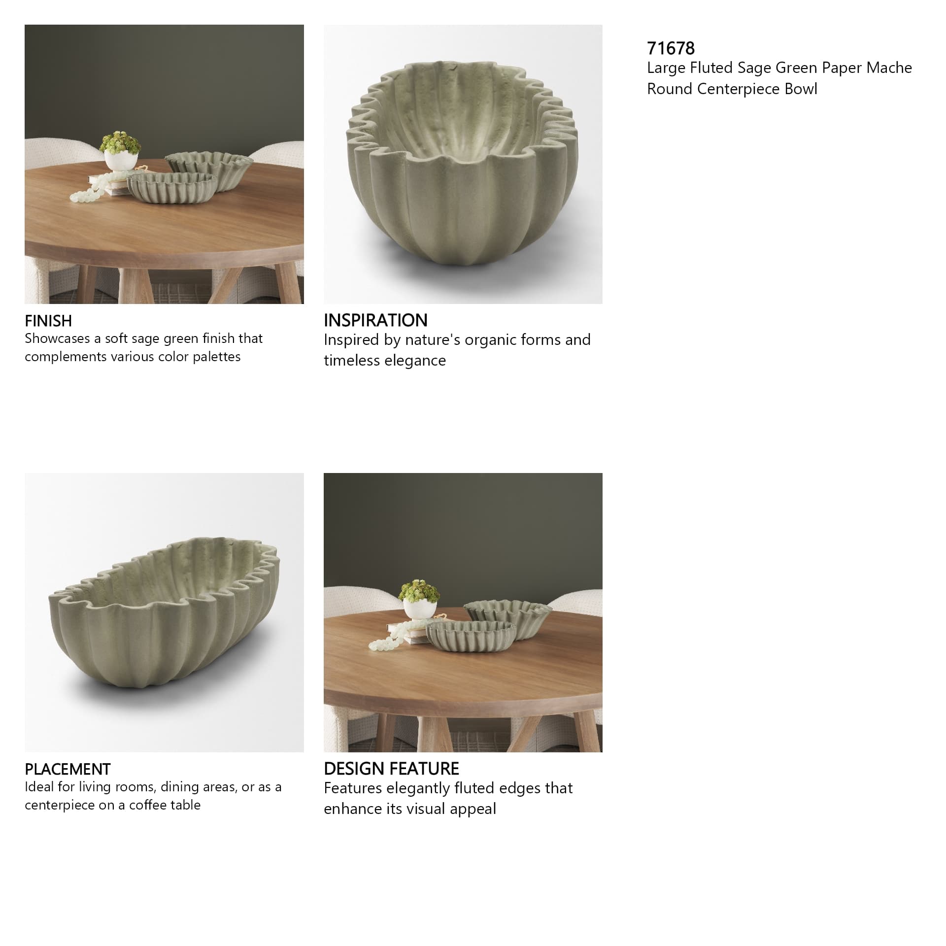 Camelia Large Fluted Sage Green Paper Mache Round Centerpiece Bowl — product photograph