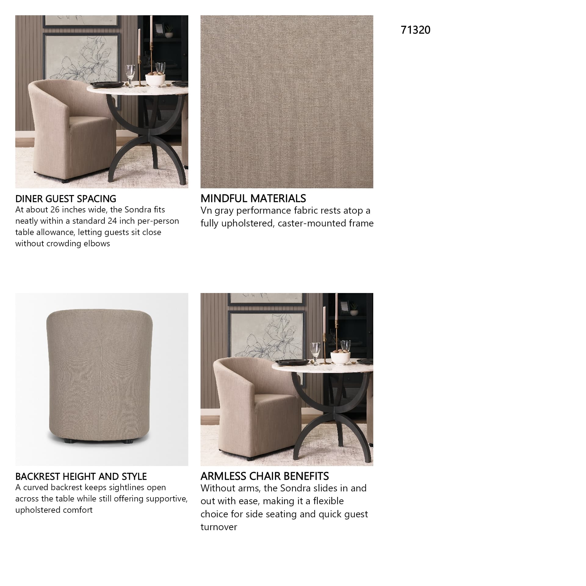 Sondra Barrel Back Dining Arm Chair | Gray Fabric w/ Wood — in a styled room