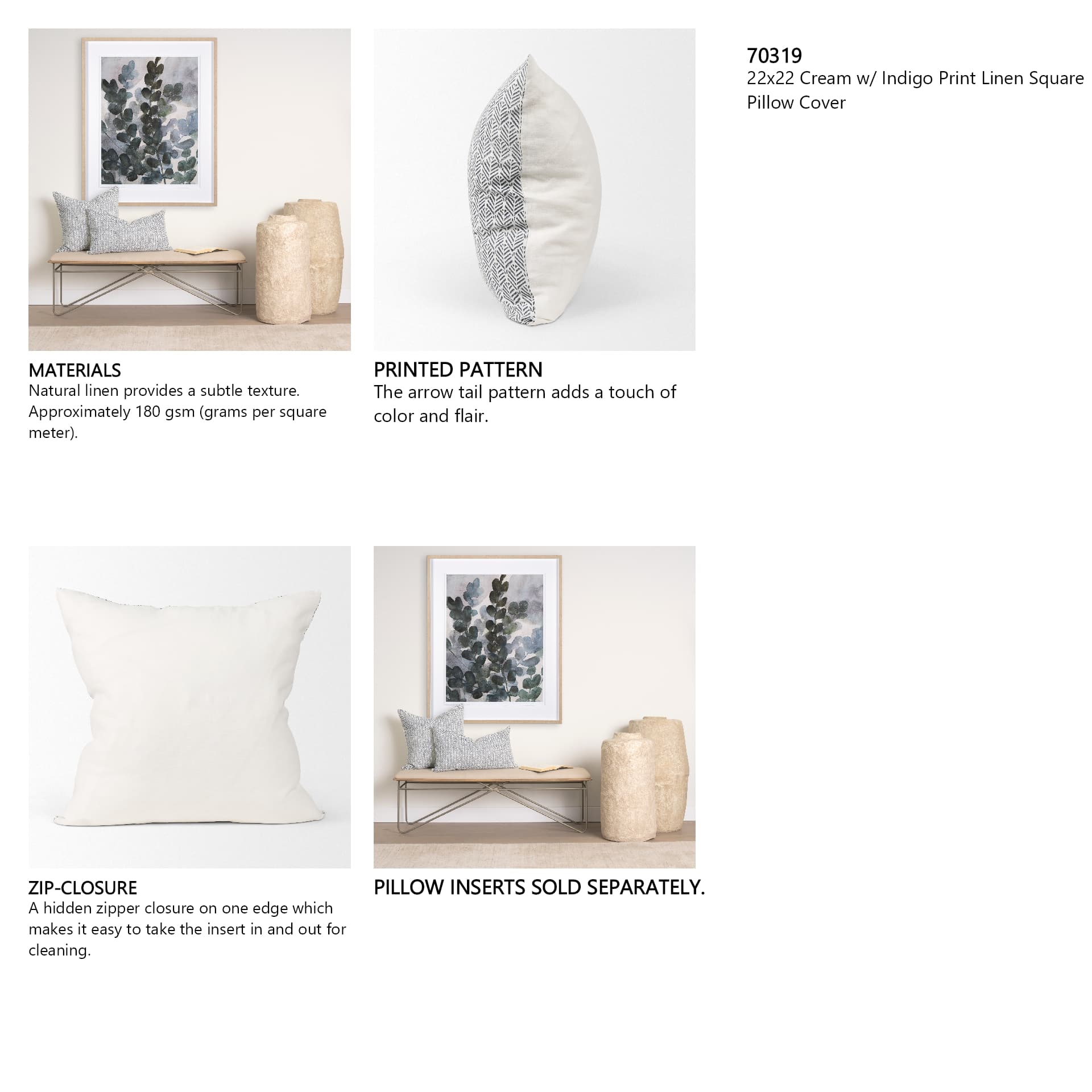 Jennelle 22x22 Cream w/ Indigo Print Linen Square Pillow Cover — in a styled room