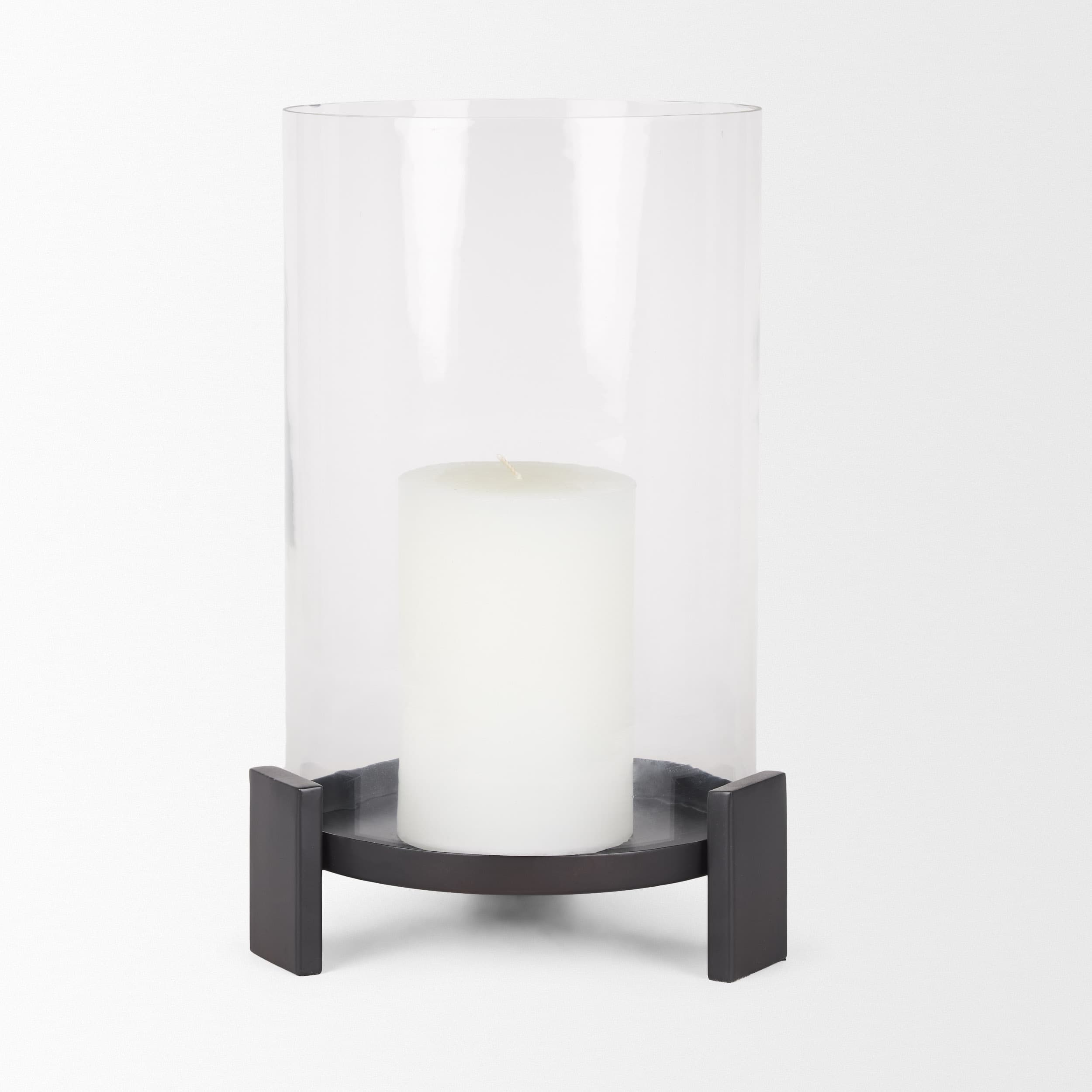 Price Large Matte Black-Brown Metal w/ Glass Hurricane Candle Holder — product photograph