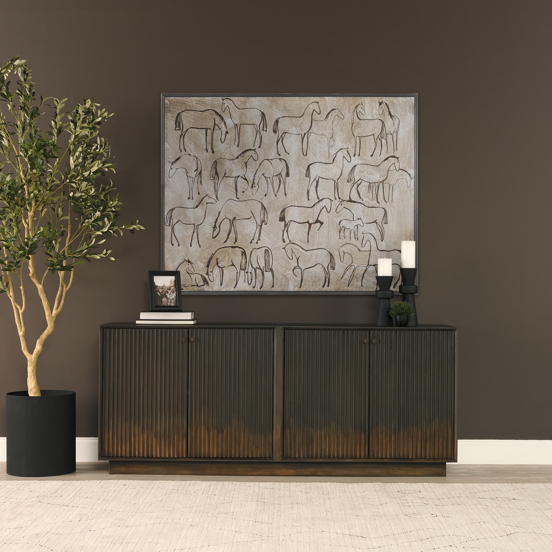 Cinder Distressed Dark Brown Wood Reeded 4-Door Closed Sideboard — product photograph