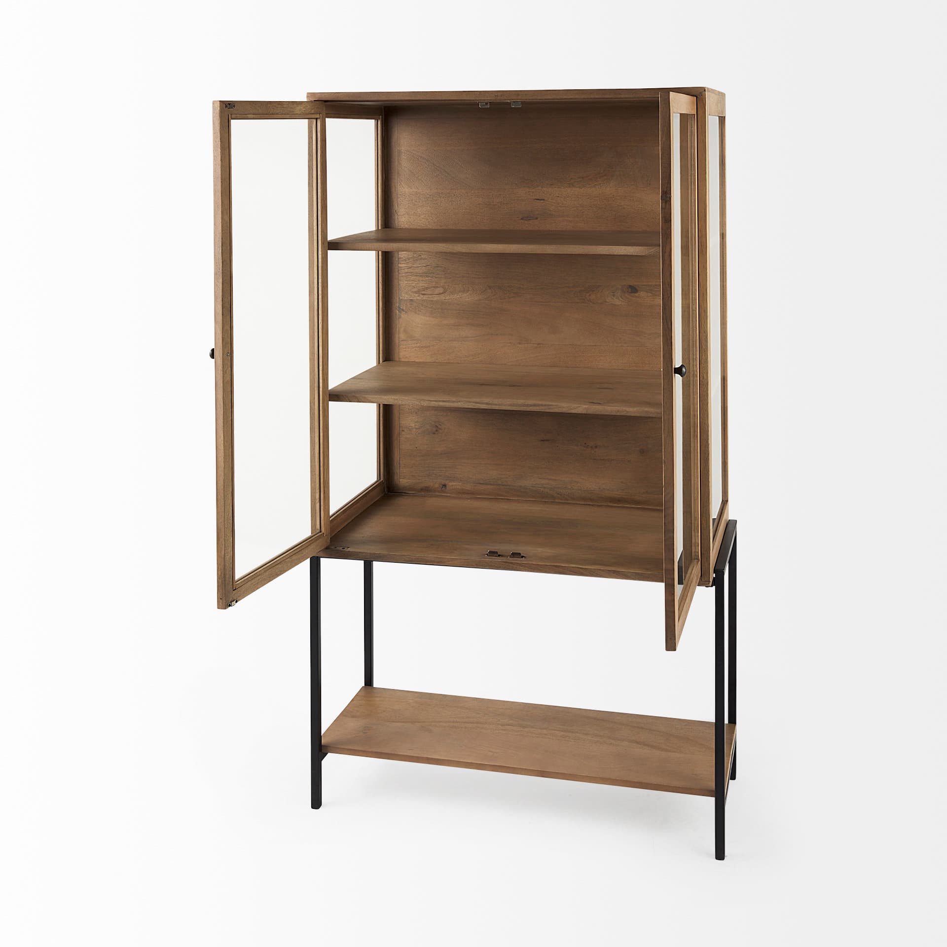 Arelius 36L x 18.75W x 63H Light Brown Wood W/ Black Metal Base Display Cabinet — product photograph