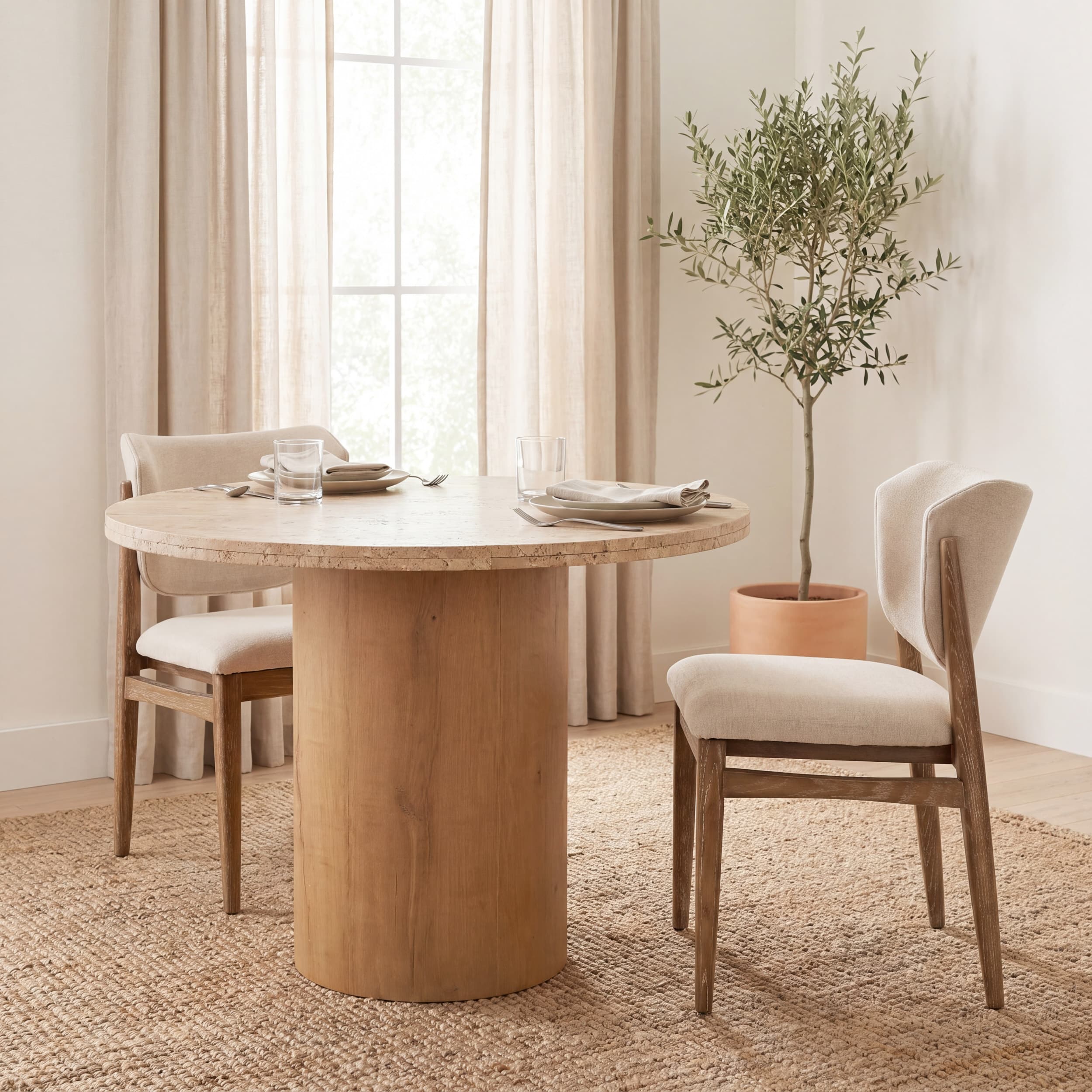 Cline Curved Back Dining Side Chair | Cream Fabric w/ Brown Wood — product photograph