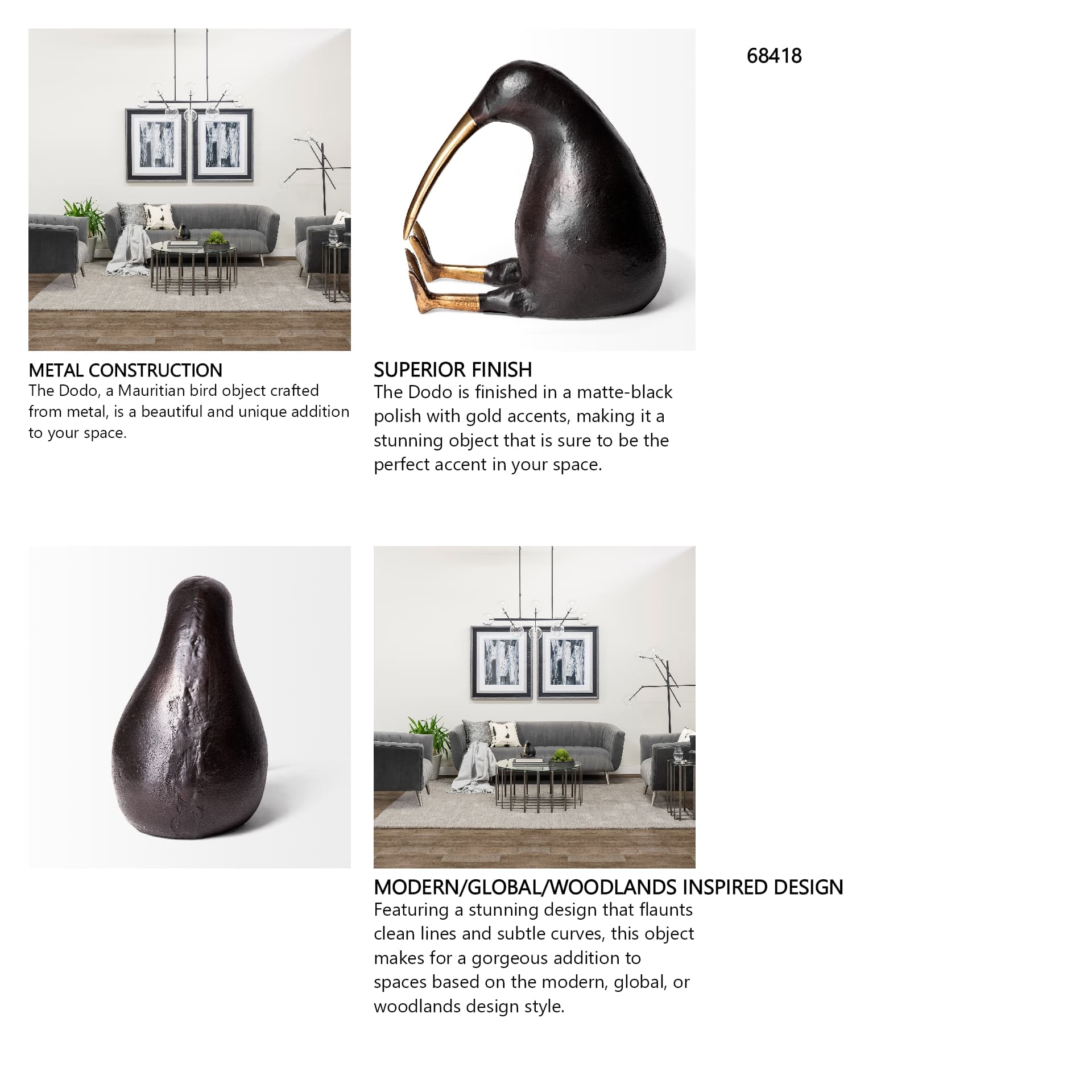 Dodo Kiwi 7L x 4W Black Cast Aluminum Mauritian Bird Sculpture — in a styled room