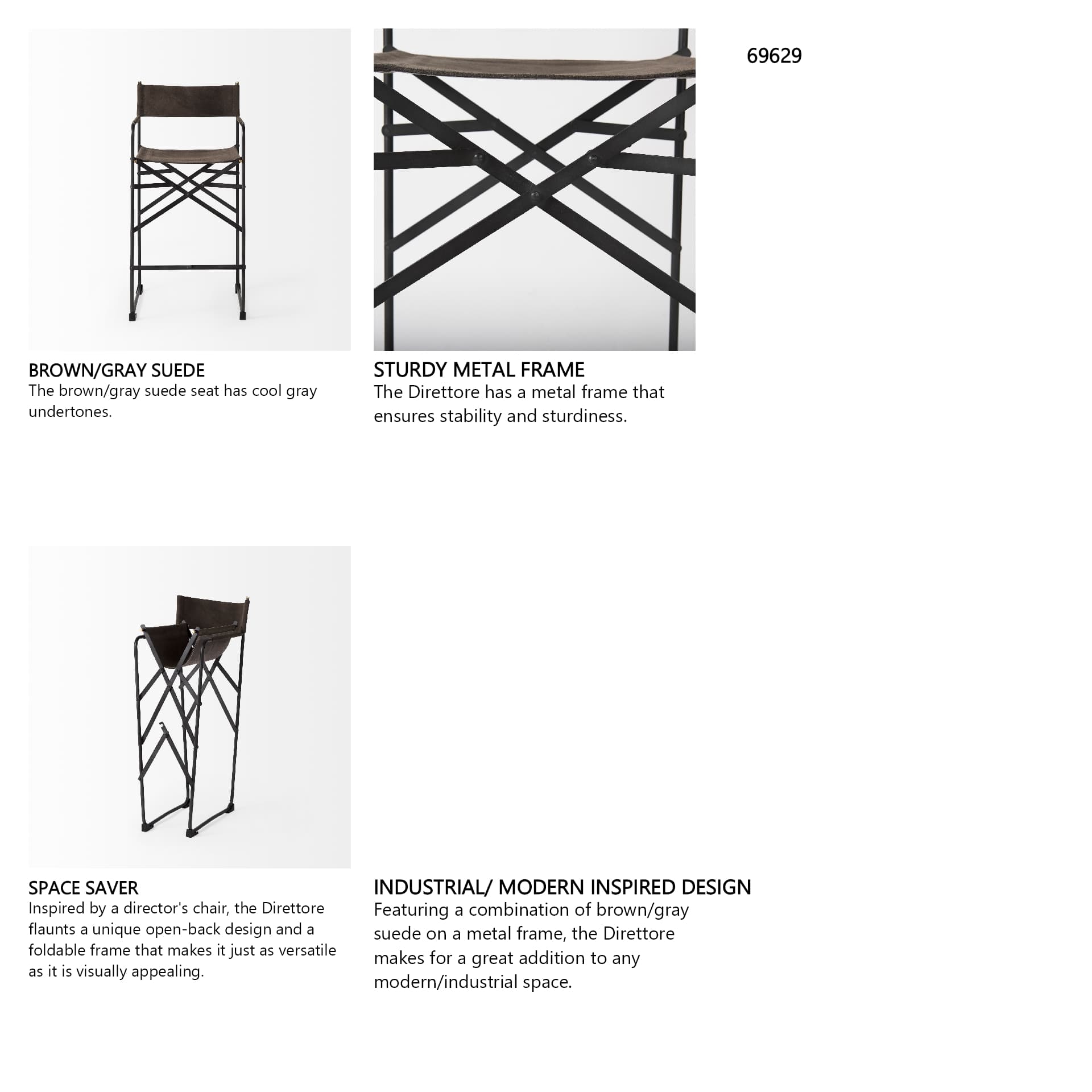 Direttore Backless 40.2in Seat Bar Stool | Brown/Gray Suede w/ Metal — product photograph