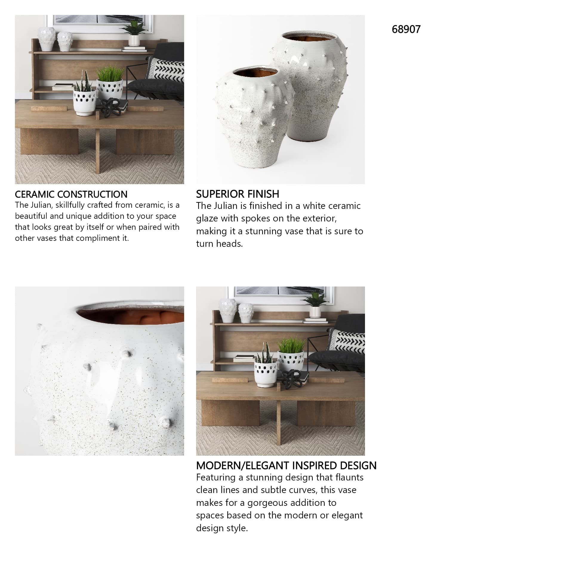 Julian Small Glossy White Ceramic Spoked Vase — in a styled room