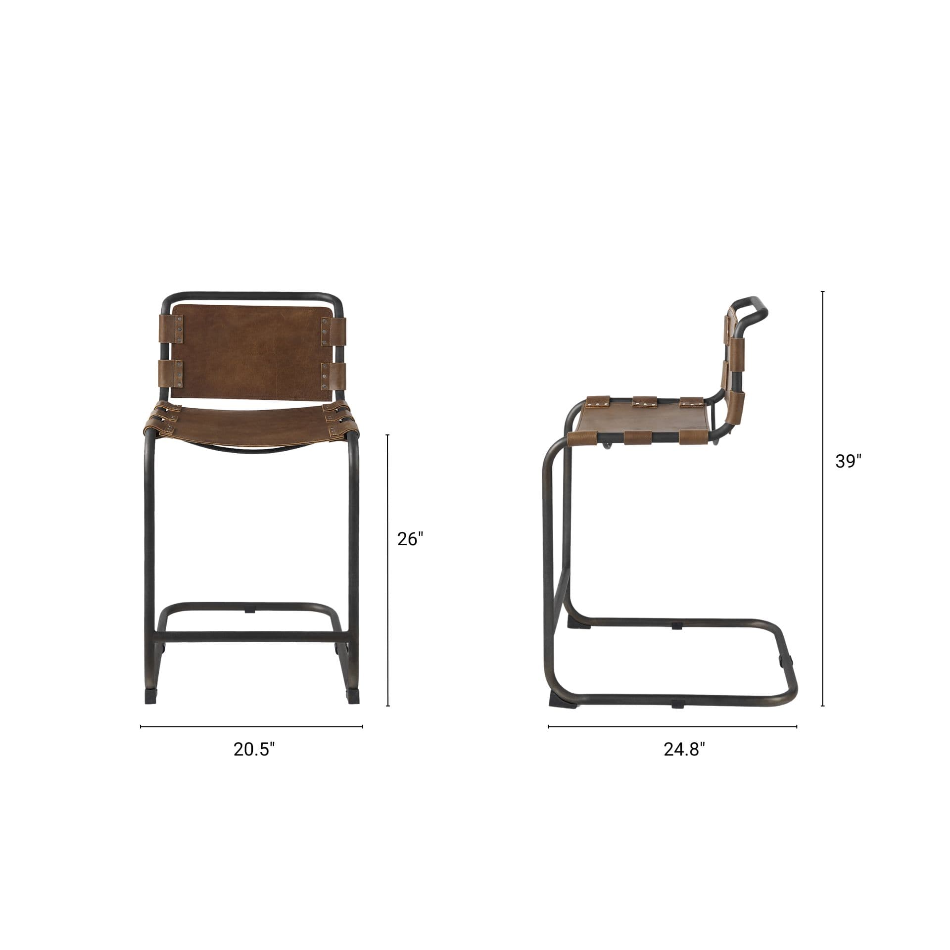 Berbick Low Back 26in Seat Counter Stool | Brown Leather w/ Gray Metal — product photograph
