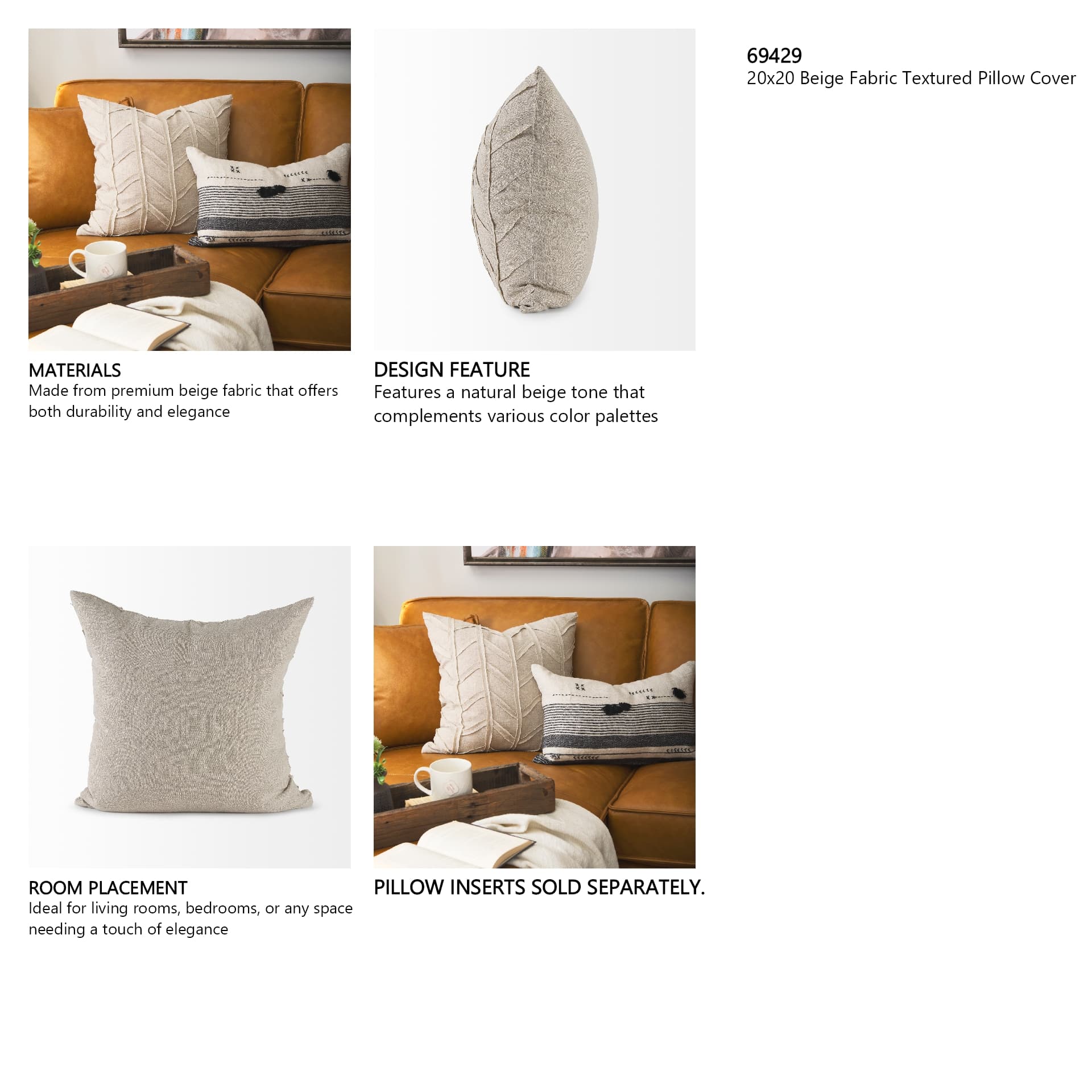 Ivivva 20x20 Beige Fabric Textured Pillow Cover — in a styled room