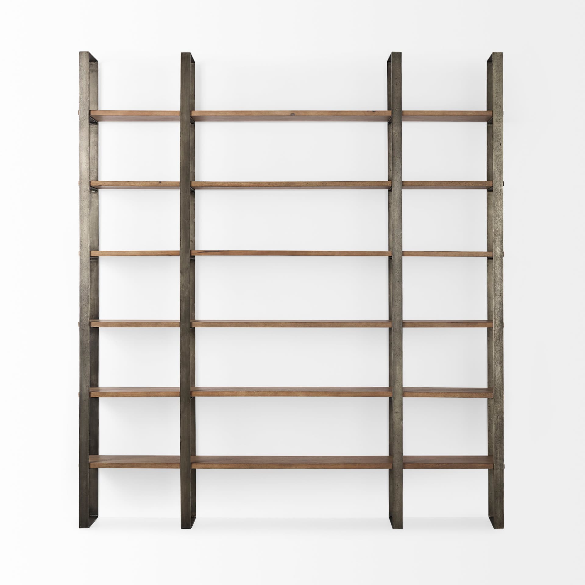 Taunton 80L x 10.5W x 90H Medium Brown Wood W/ Antique Nickel Metal Frame 6 Tier Shelving Unit — product photograph