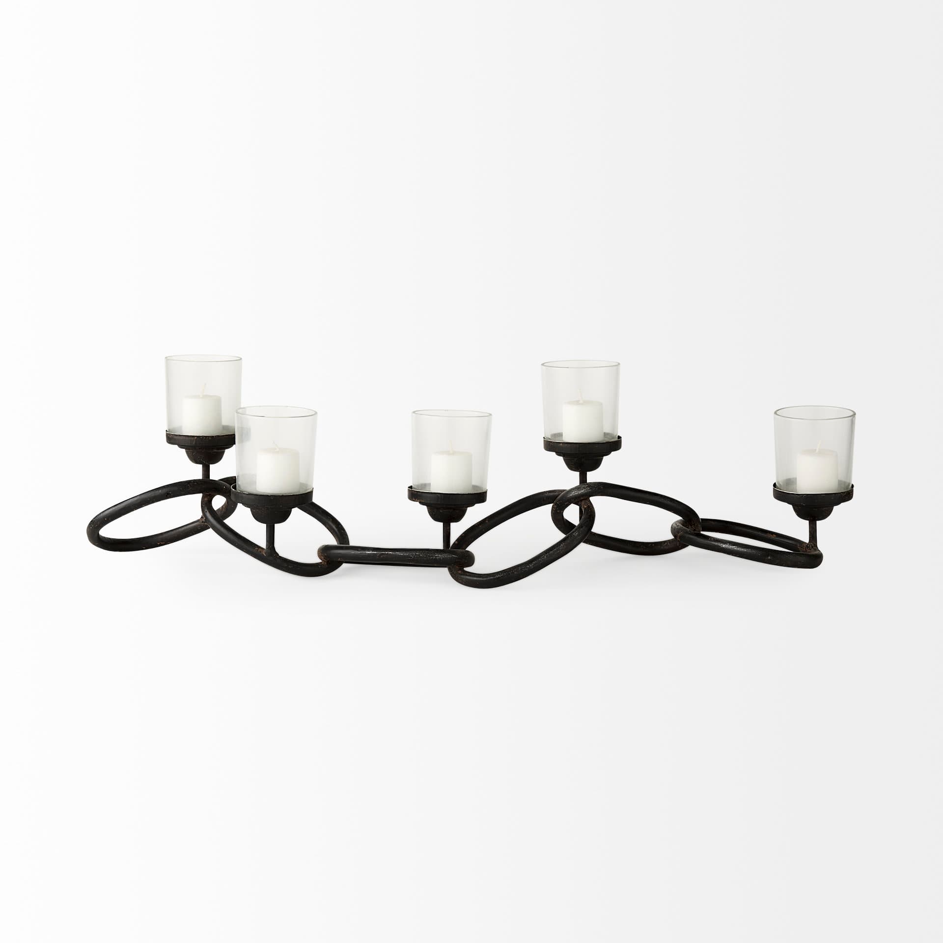 Quito Black Metal Chain-Link Five Candle Table Candle Holder — product photograph