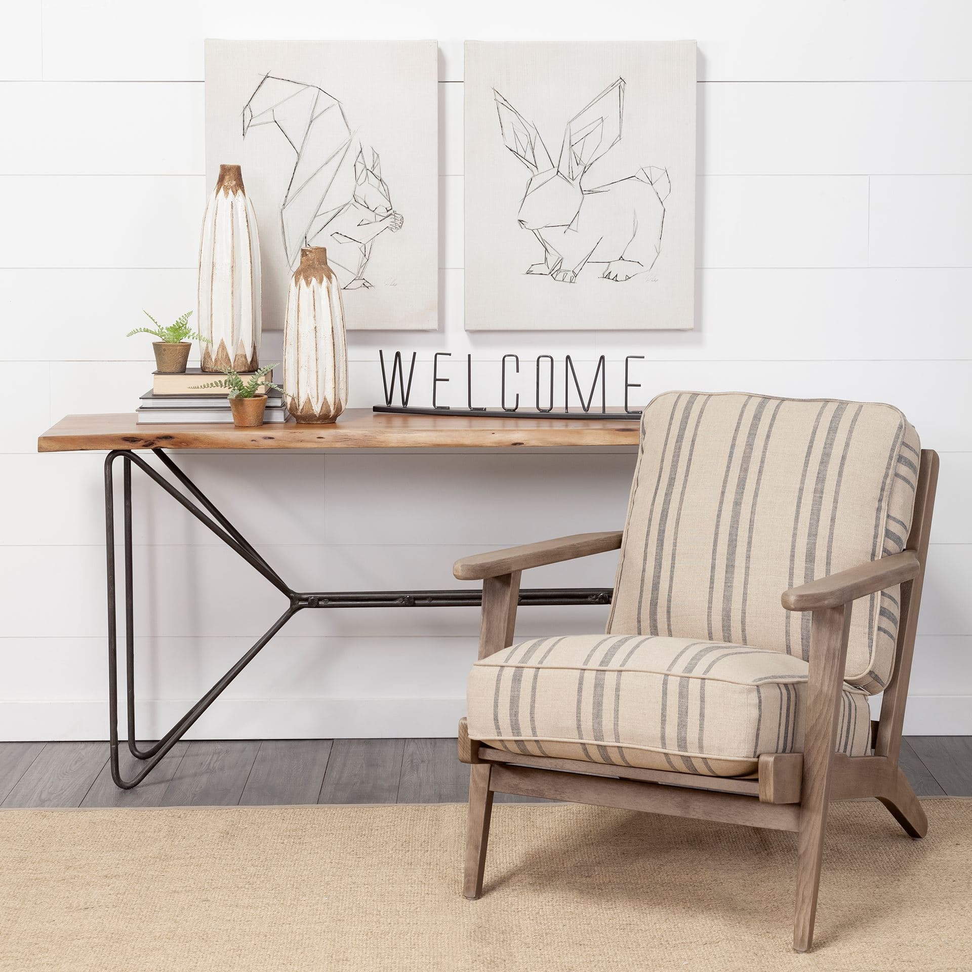 Olympus III Striped Brown Jute Wrapped Wooden Frame Accent Chair — in a styled room