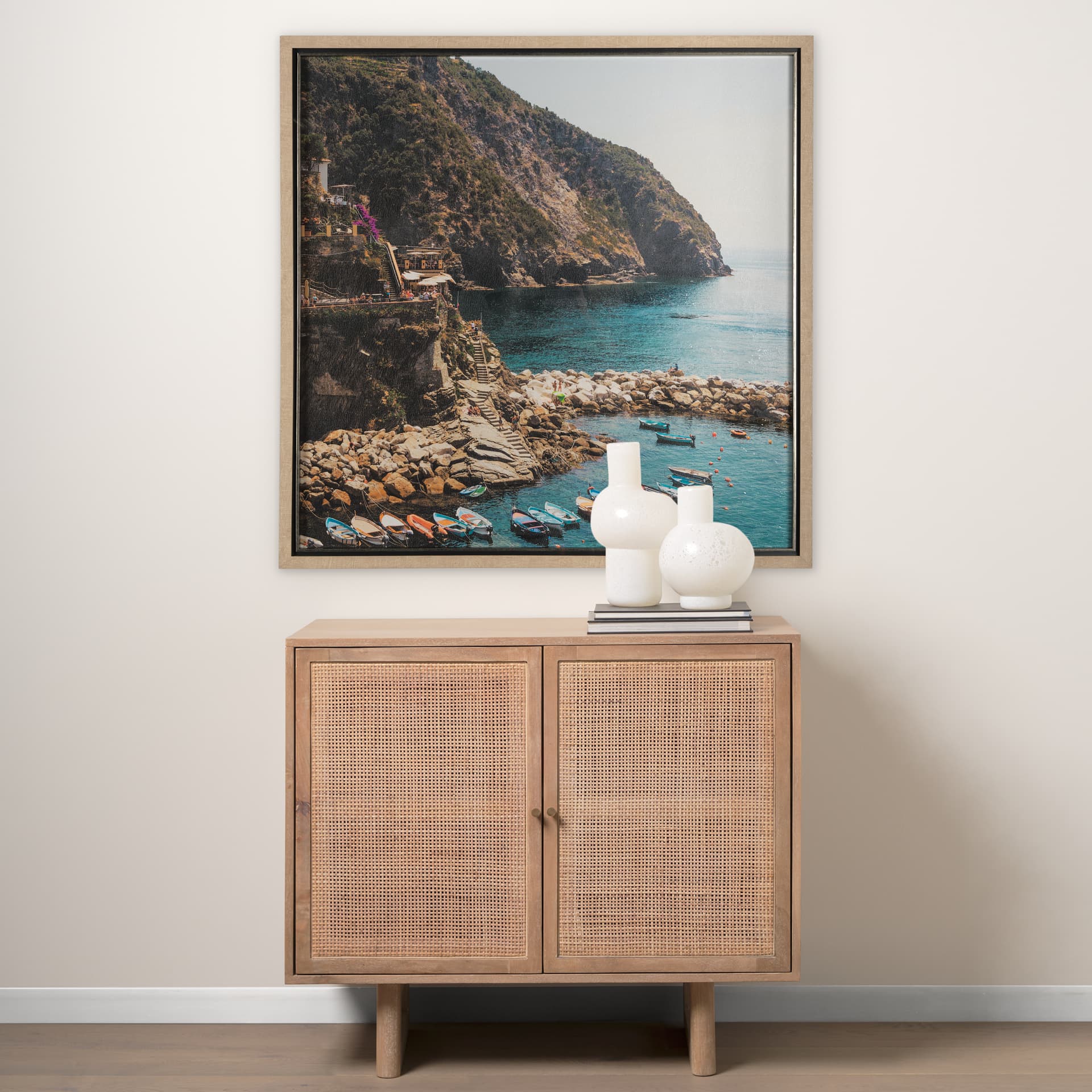 Cliffside View by Mercana Studio a Hand Embellished Textured Framed Art Photo Matted under Glass — in a styled room