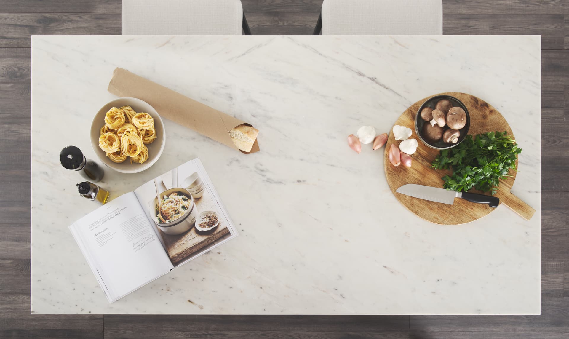 Fieri Solid Iron Black Body White Marble Top Four Drawer Kitchen Island — product photograph