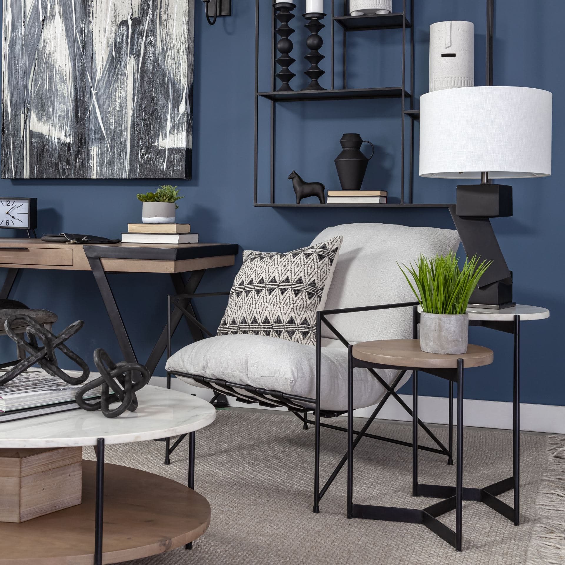 Larkin II Marble and Medium Brown Wood Round Tabletop Nesting End/Side Tables — in a styled room
