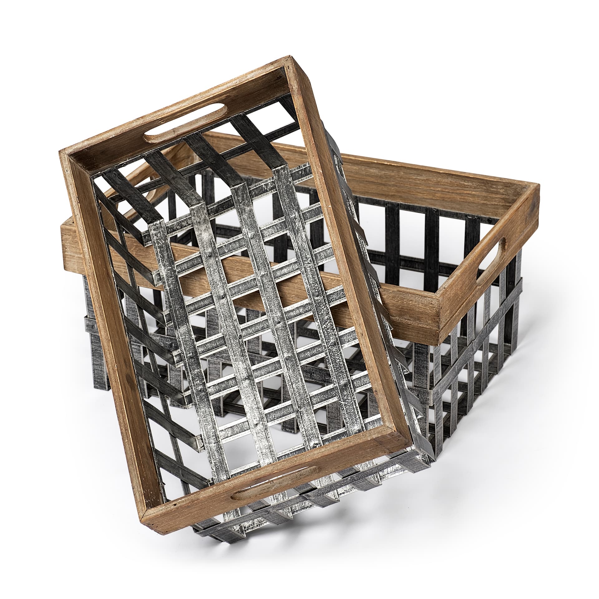 Chartrand Set of 2 Wood And Metal Open Crate Style Baskets — product photograph