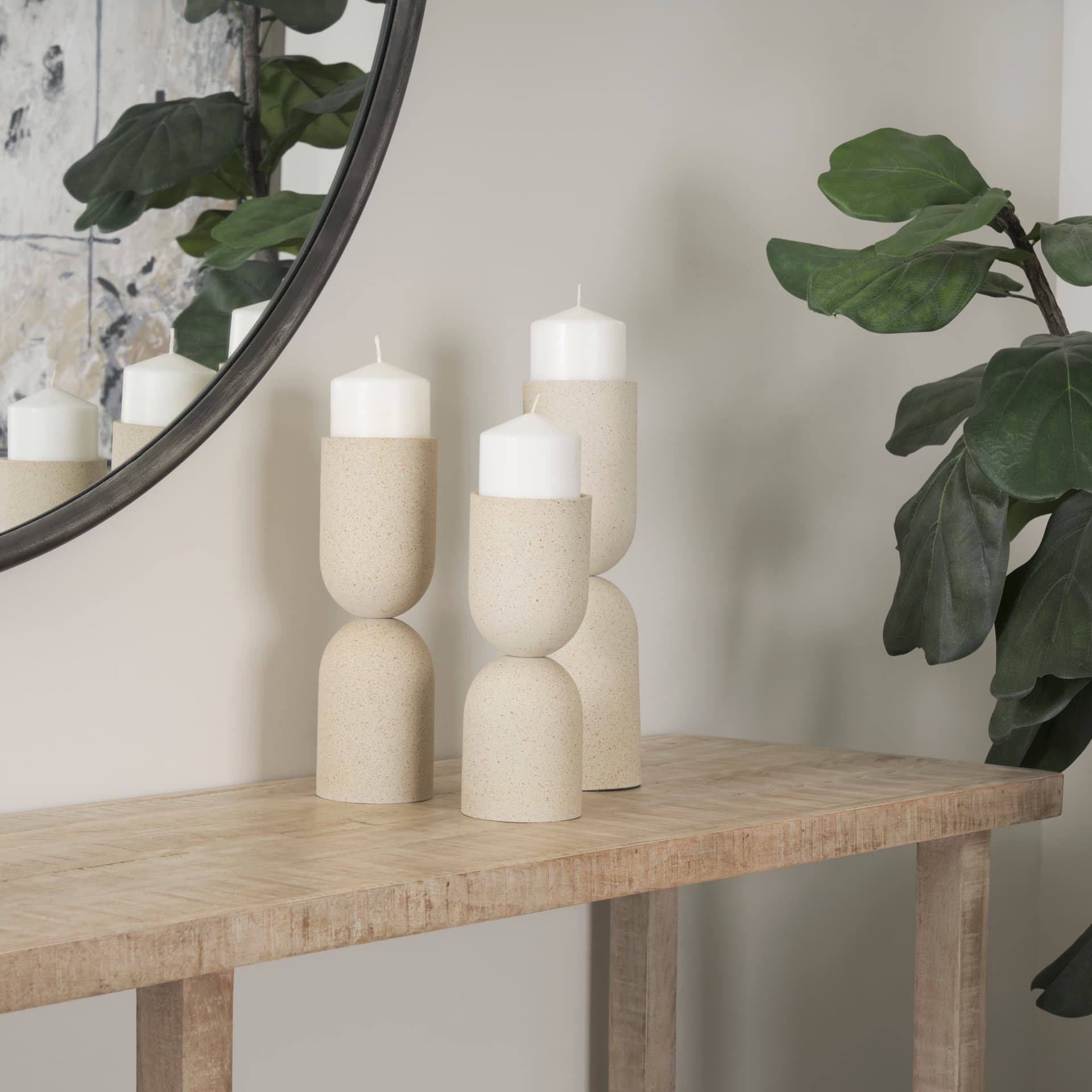 Qamra Medium Beige Textured Metal Pillar Candle Holder Candle Holder — product photograph