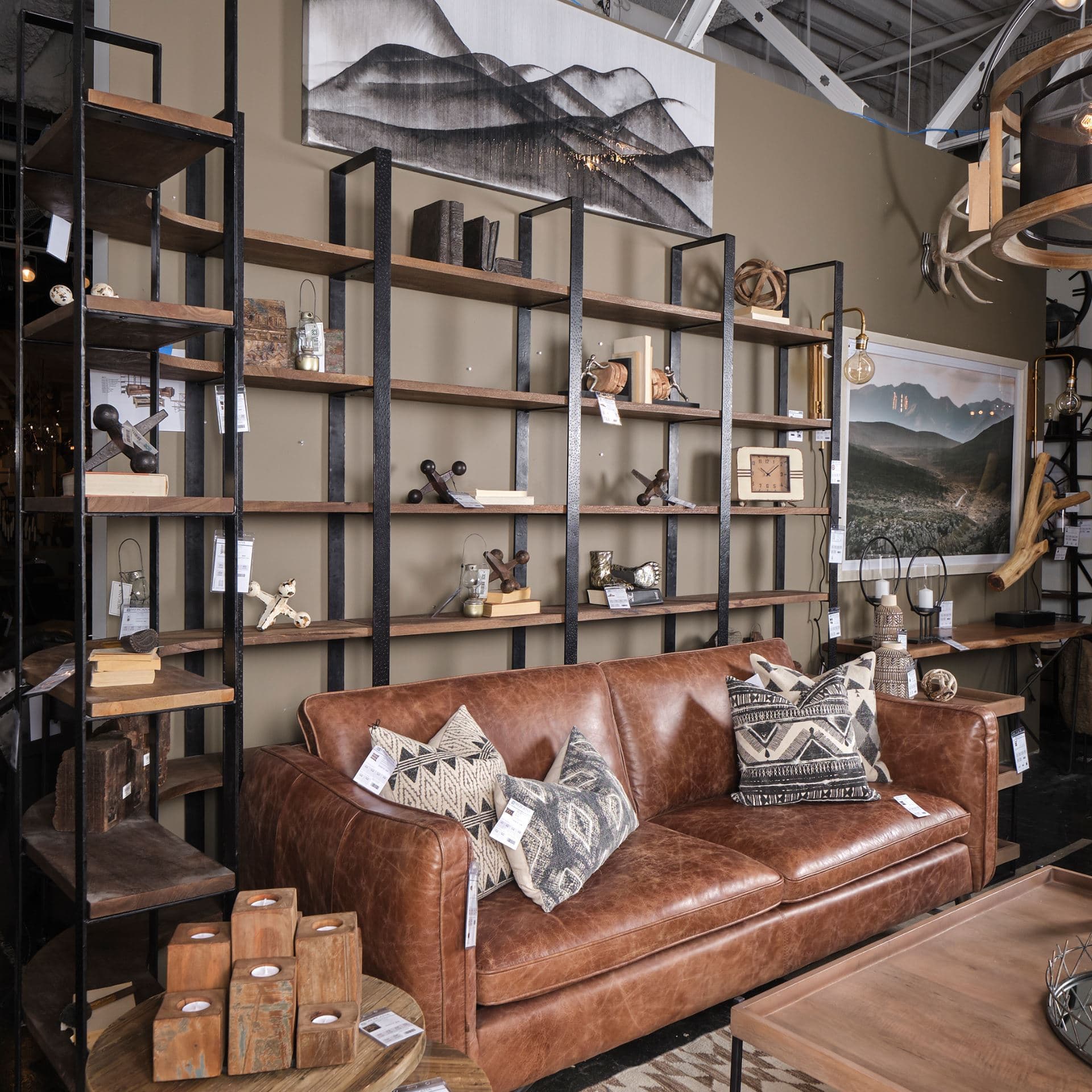 Taunton II 80L x 10.5W x 90H Dark Brown Wood And Black Iron Six Shelving Unit — product photograph