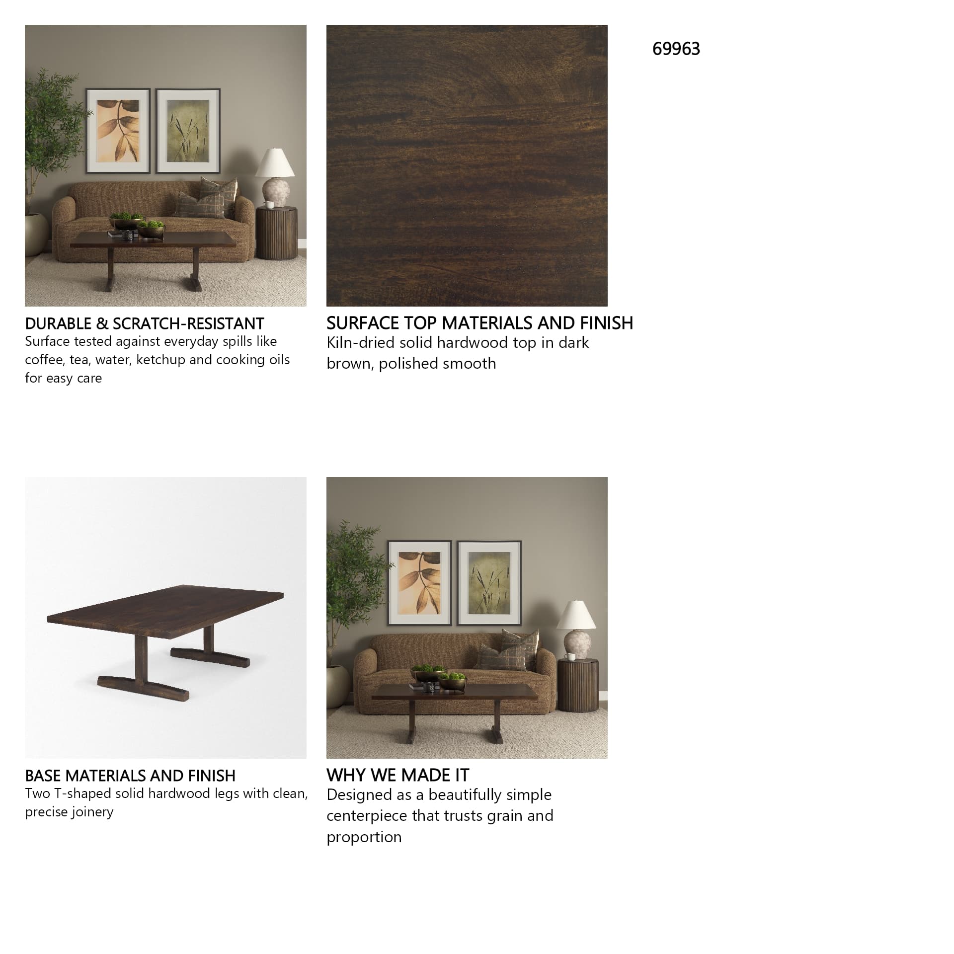 Viktor 55"L Dark Brown Solid Wood Coffee Table — in a styled room