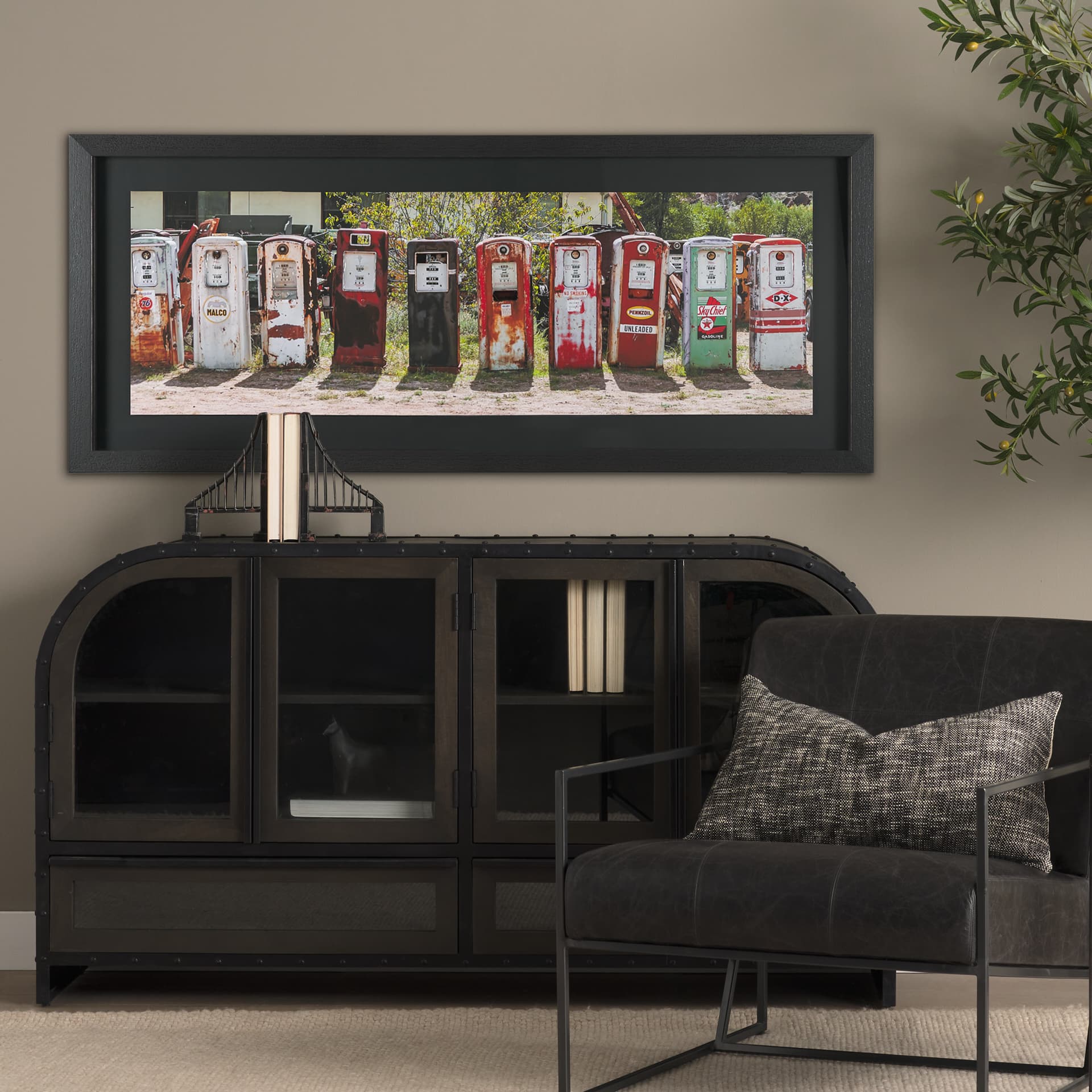 Gas Pumps by Richard Silver Hand Embelished Framed Art Print Matted under Glass — in a styled room