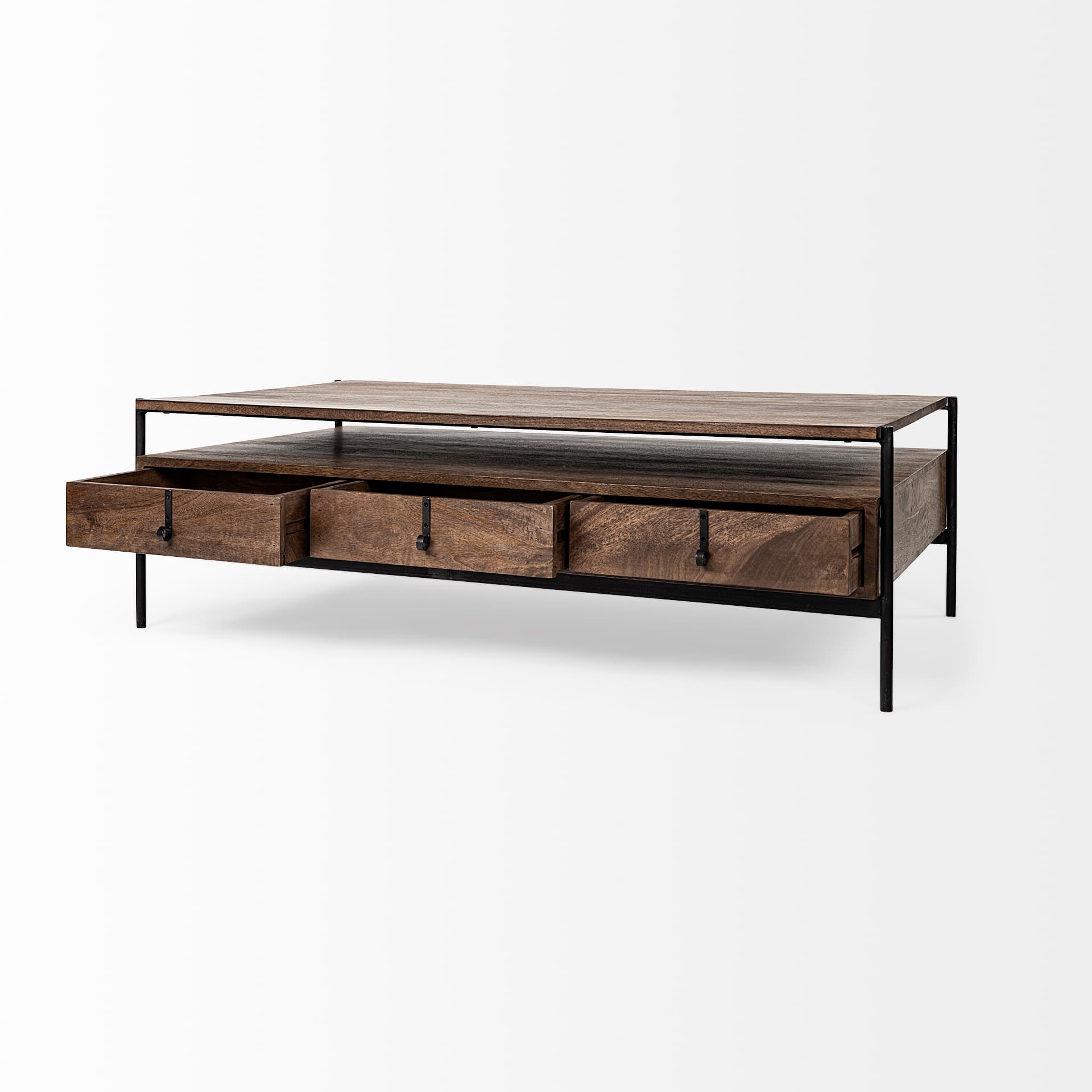 Glenn II 54x30 Dark Brown Wood w/ Black Iron Frame, Rectangle 3 Drawers Coffee Table — product photograph