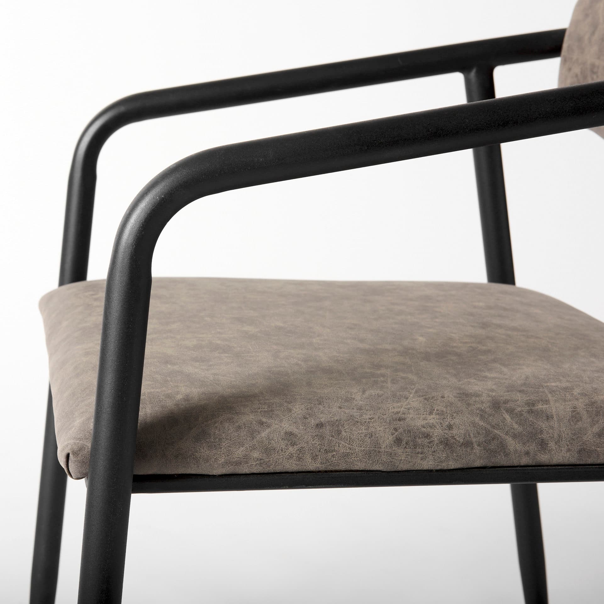 Langston Open Back Dining Arm Chair | Brown Faux Leather w/ Black Iron — product photograph