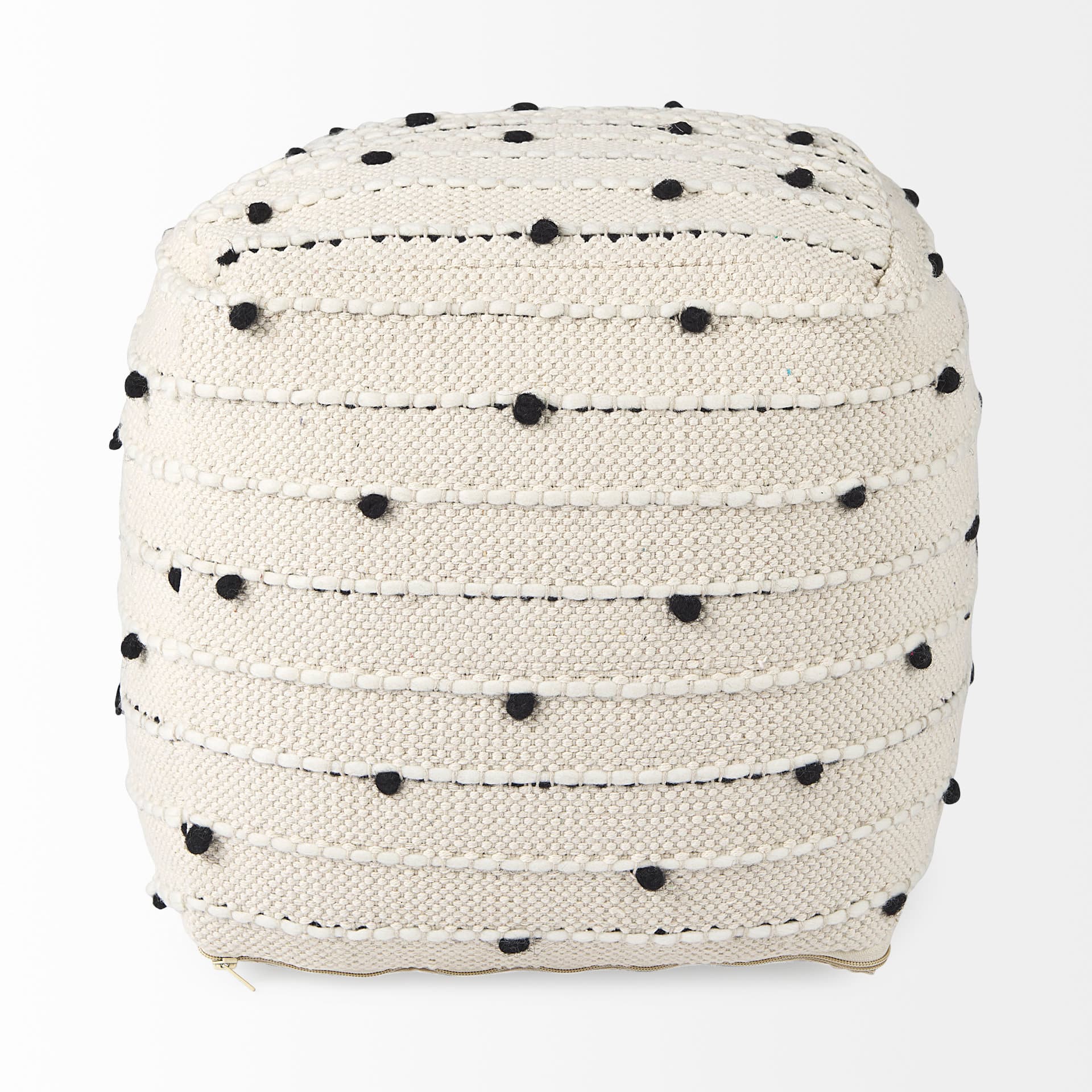 Amaira 16.0L x 16.0W x 16.0H Cream/Black/White patterned Wool and Cotton Pouf — product photograph