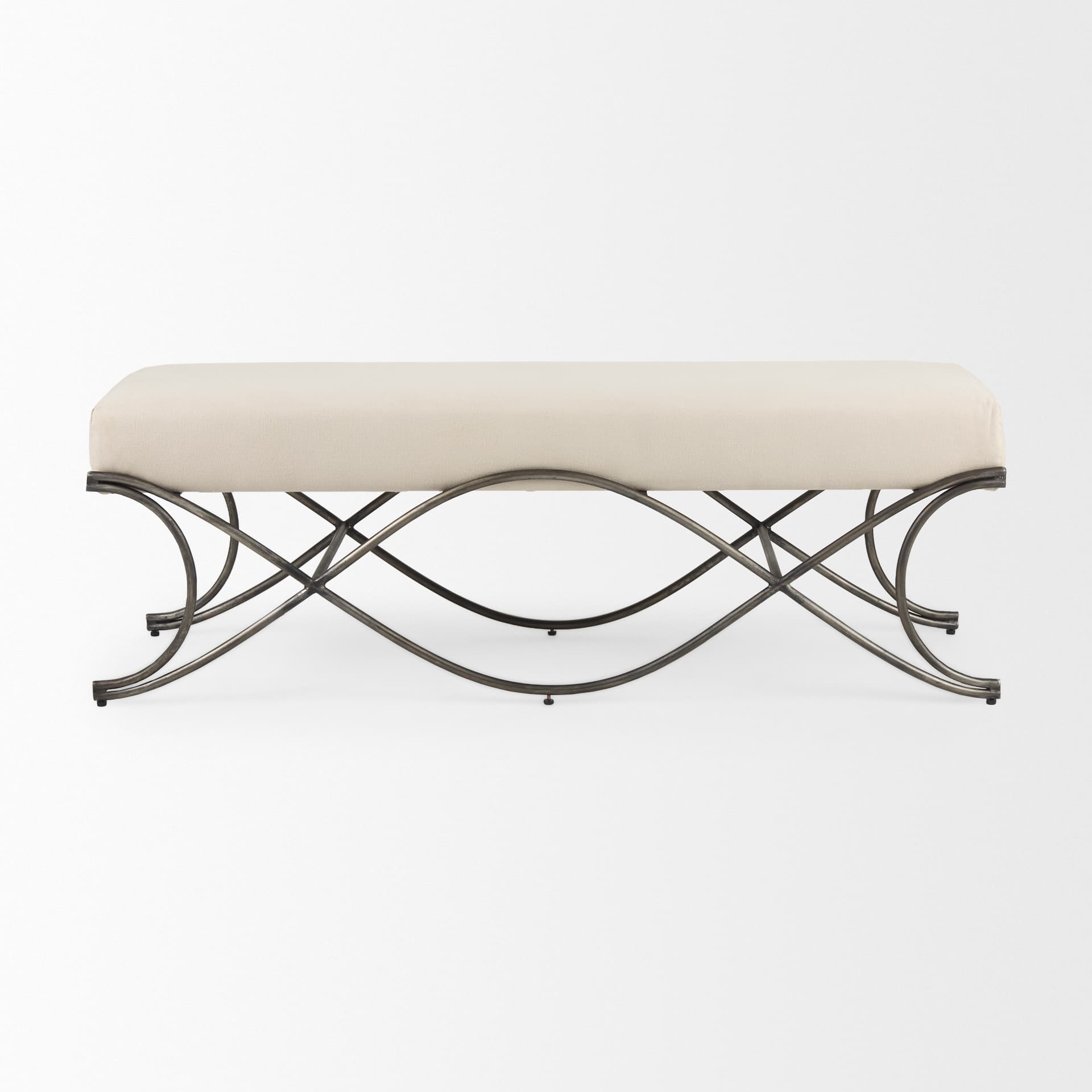 Ayla 55L x 17.6W x 18H Cream Fabric Seat W/ Antique Nickel Frame Bench — product photograph