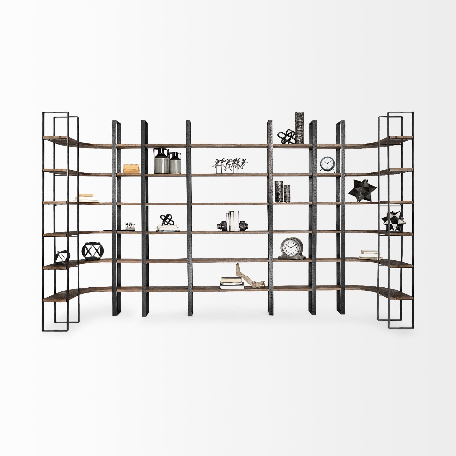 Turner II 37L x 10.5W x 90H Curved Dark Brown Wood And Black Iron Six Shelving Unit — product photograph